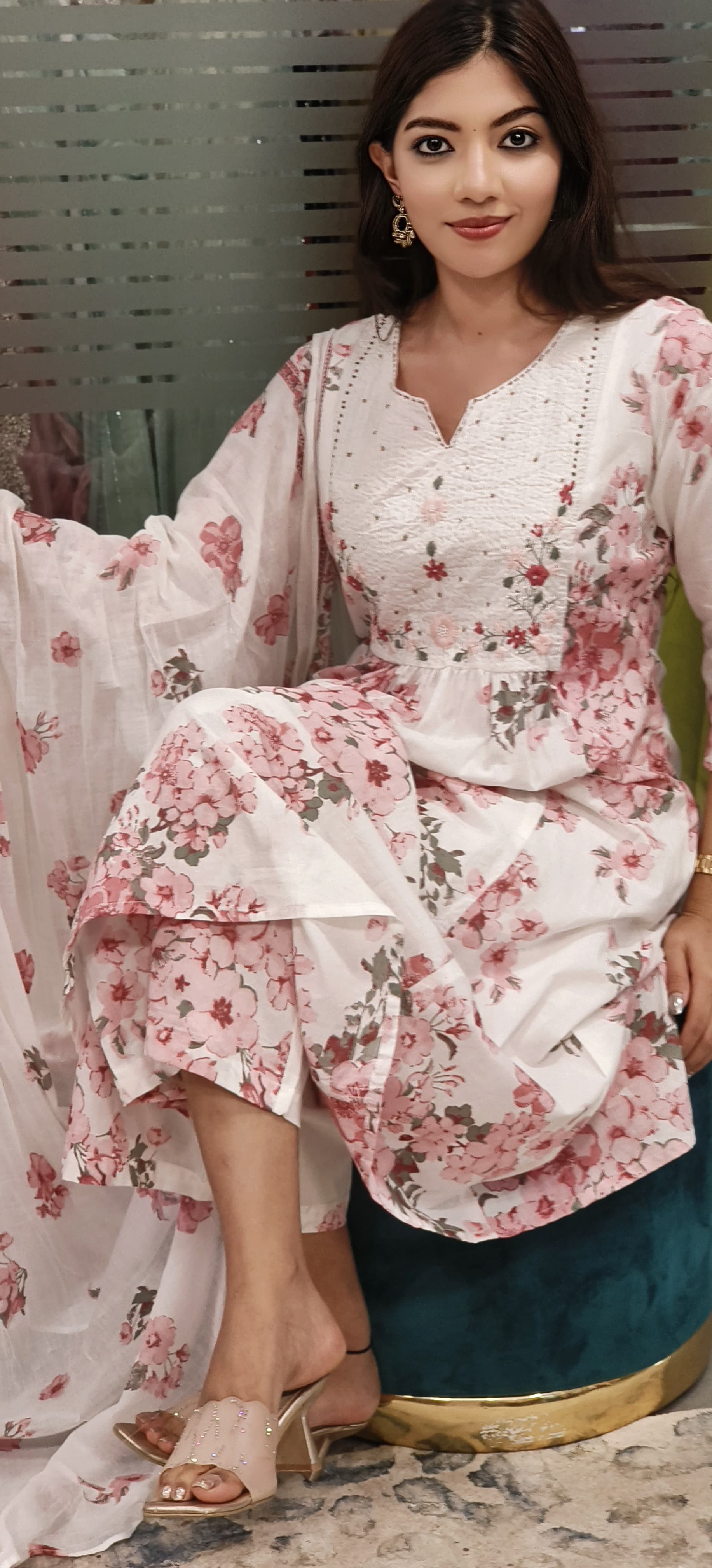 Floral Print Aline Embroidered Full Suit Set With Dupatta In Cotton Fabric- 09841