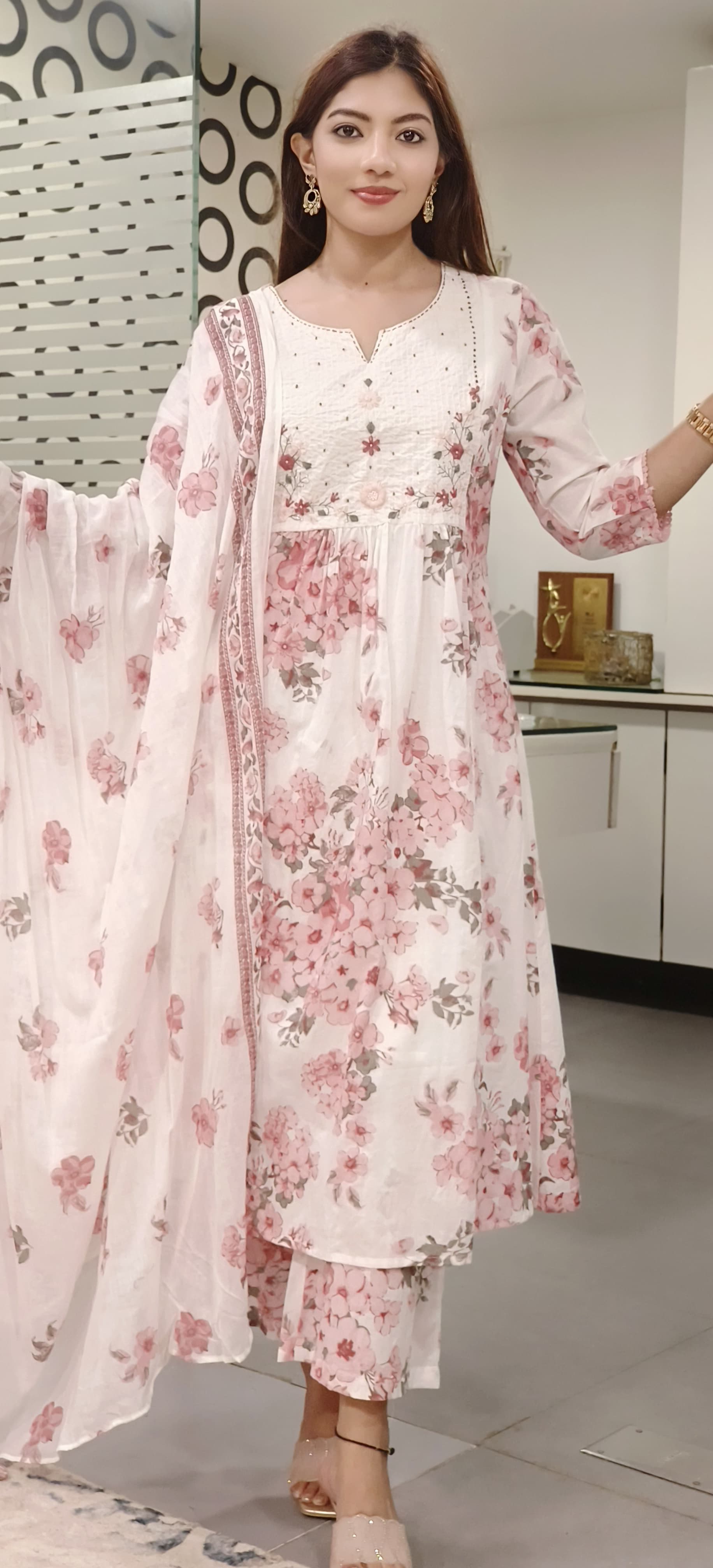 Floral Print Aline Embroidered Full Suit Set With Dupatta In Cotton Fabric- 09841