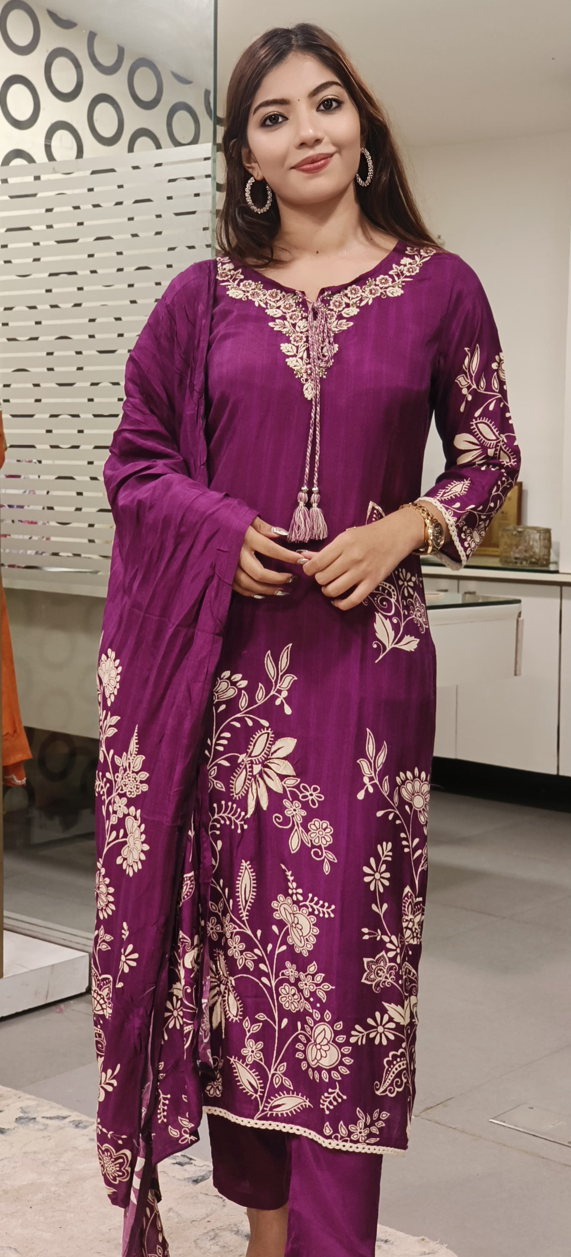 Floral Printed Purple Kurta Pant Set With Dupatta- 09808