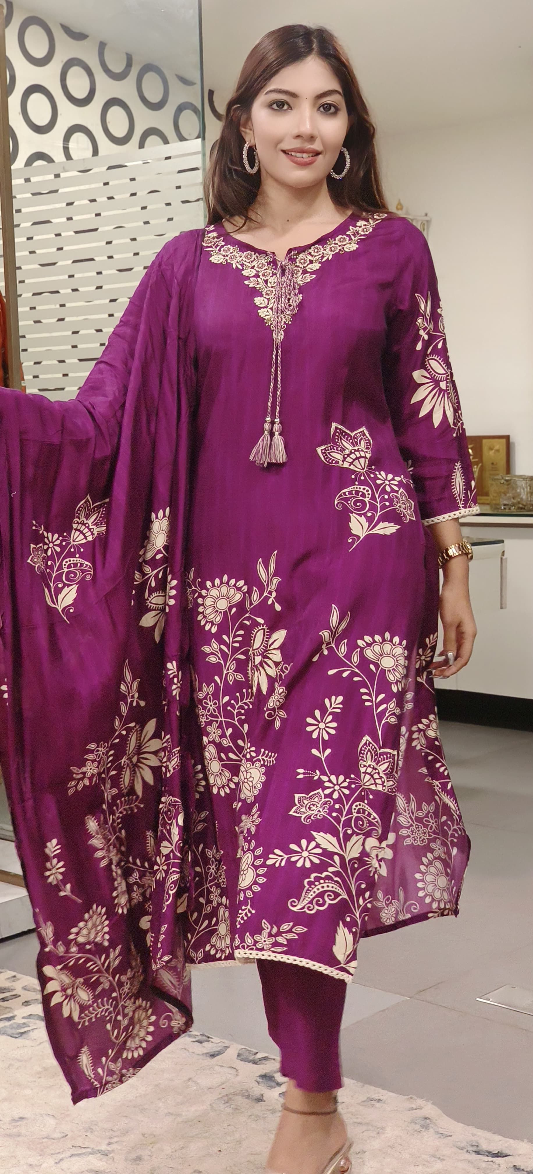 Floral Printed Purple Kurta Pant Set With Dupatta- 09808