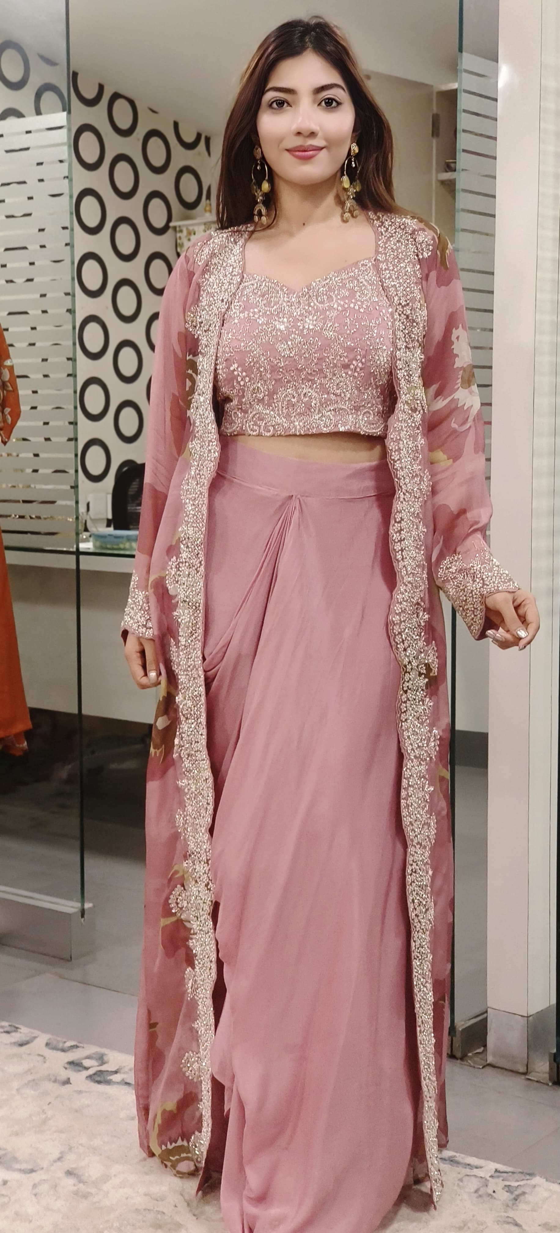 Elegant Pastel Handwork Ensemble Crop Top,Chinon Skirt & Floral Organza Shrug- 09853