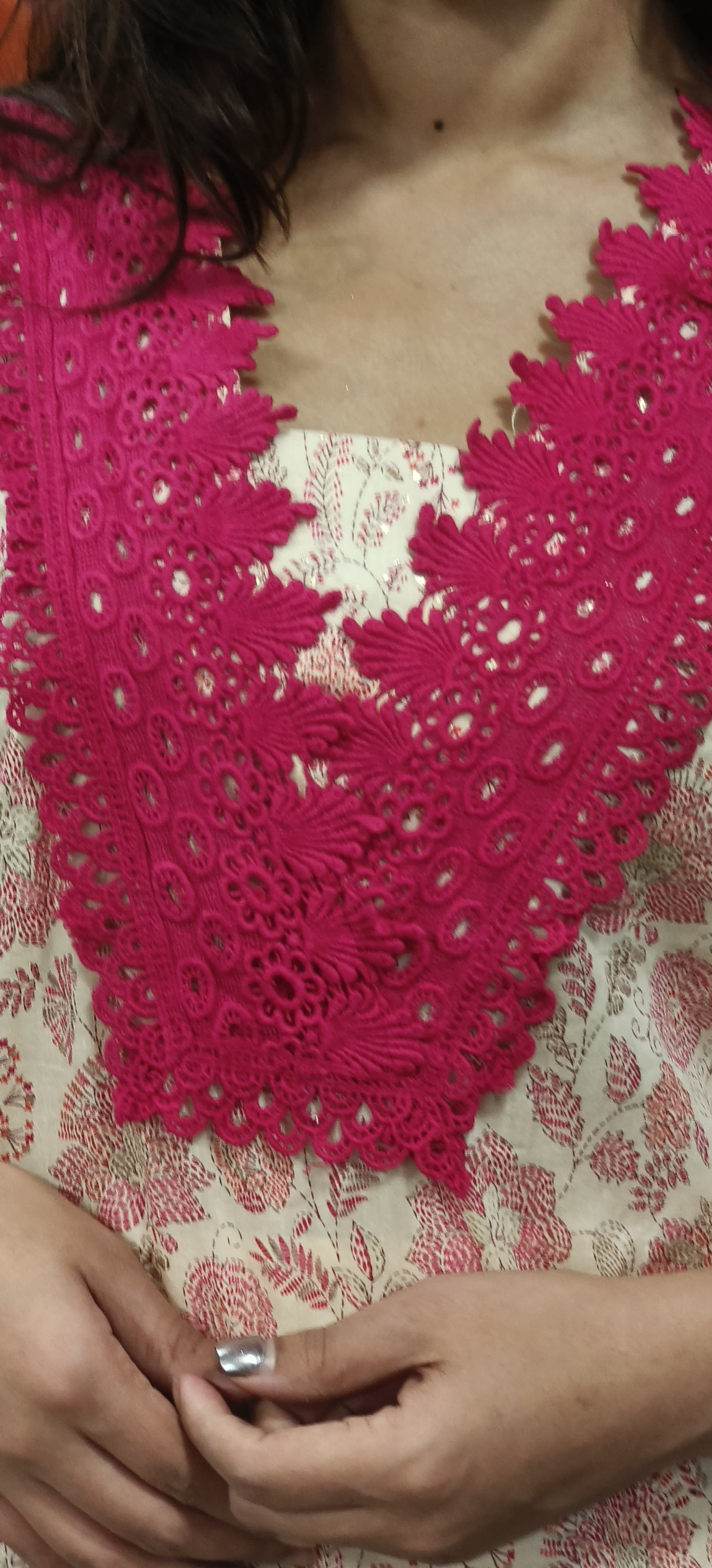 Cut Work Lace V-Neck Floral Printed Kurta Pant