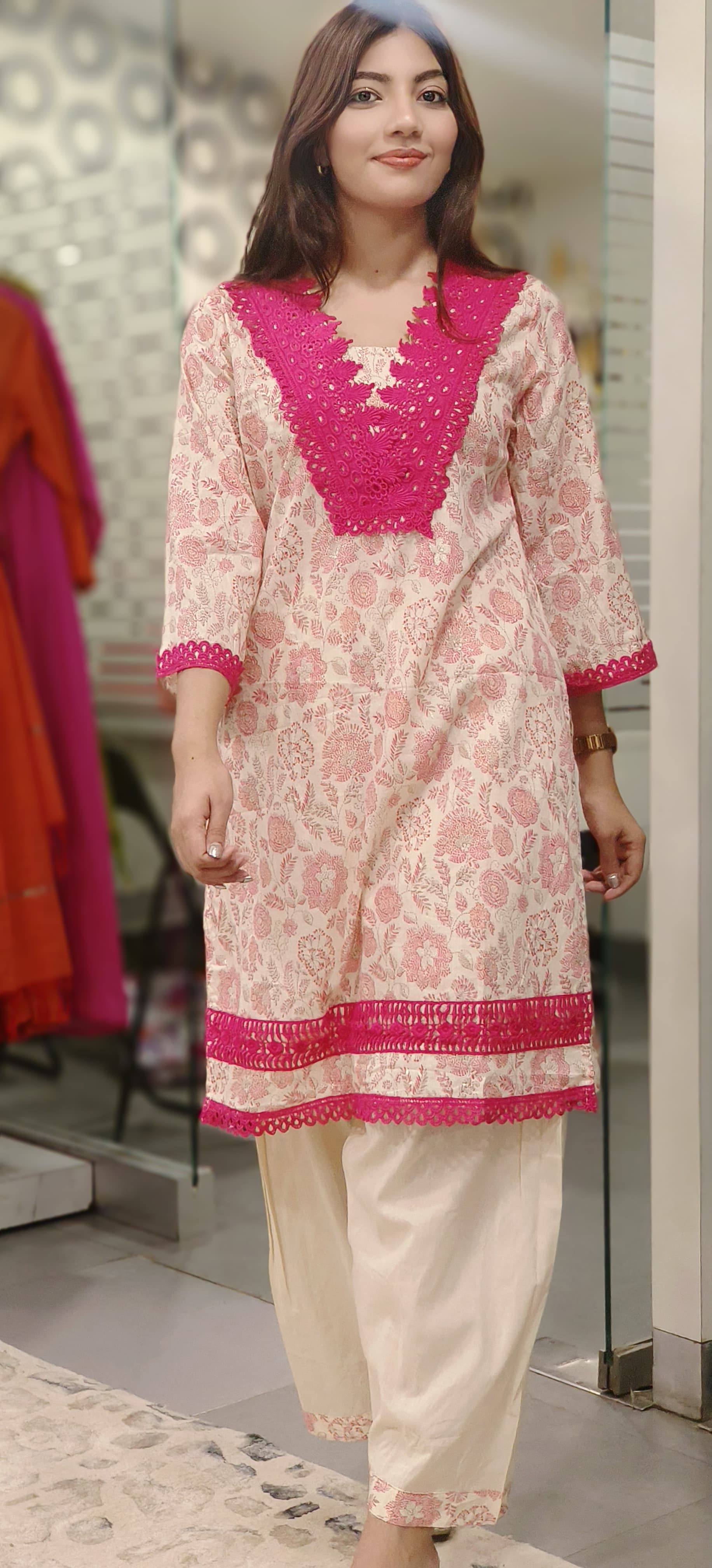 Cut Work Lace V-Neck Floral Printed Kurta Pant