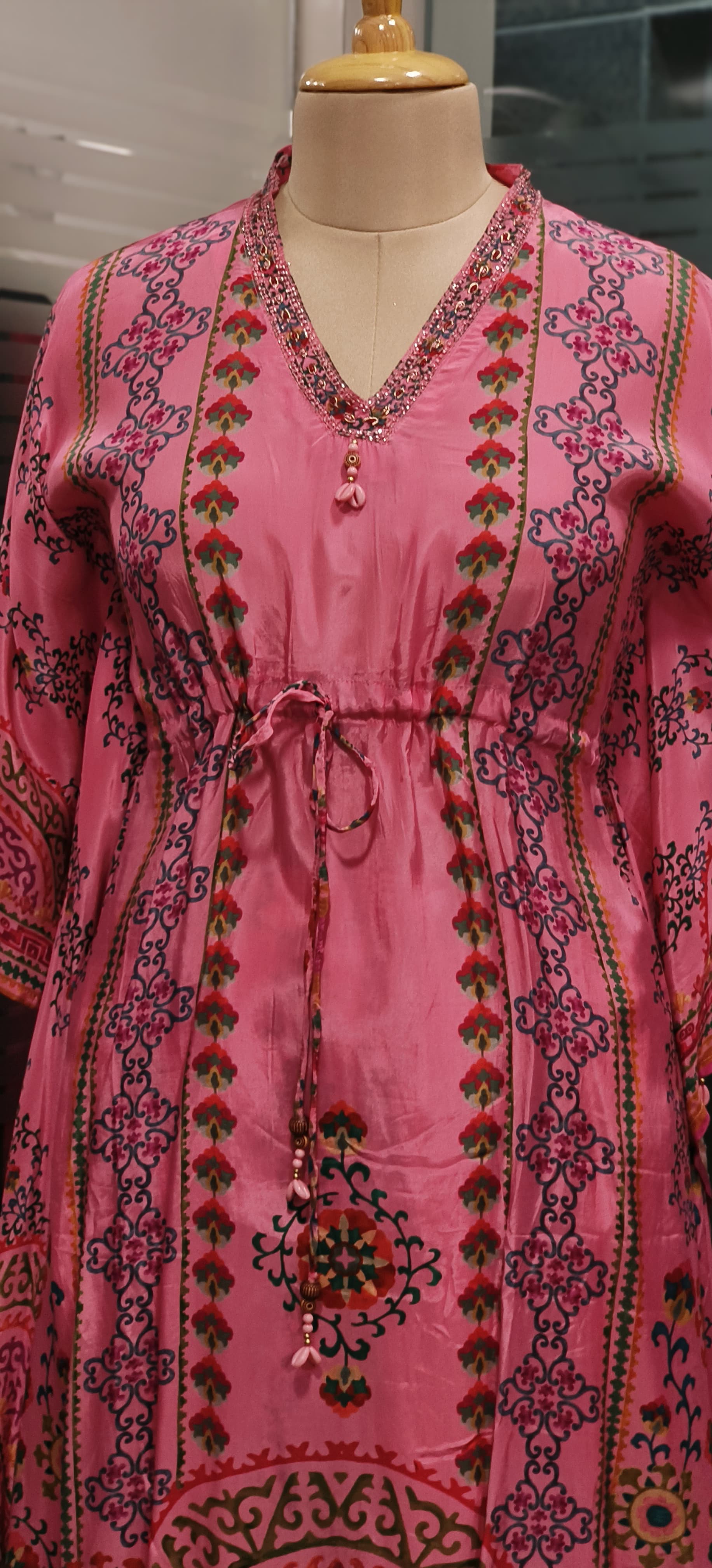 Printed Embroidered V Neck Knot Style Crepe Kaftan With Bottom