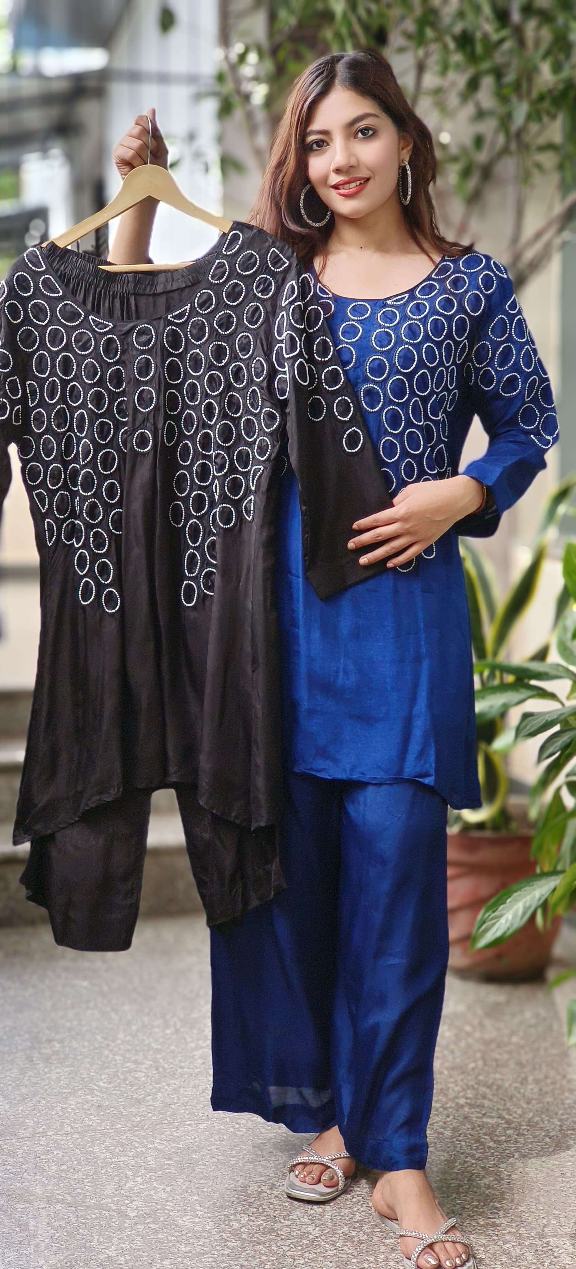 Beautiful Pearl Round Work Co-Ord Set In Dola Silk Fabric With Cotton Lining Inside- 10048