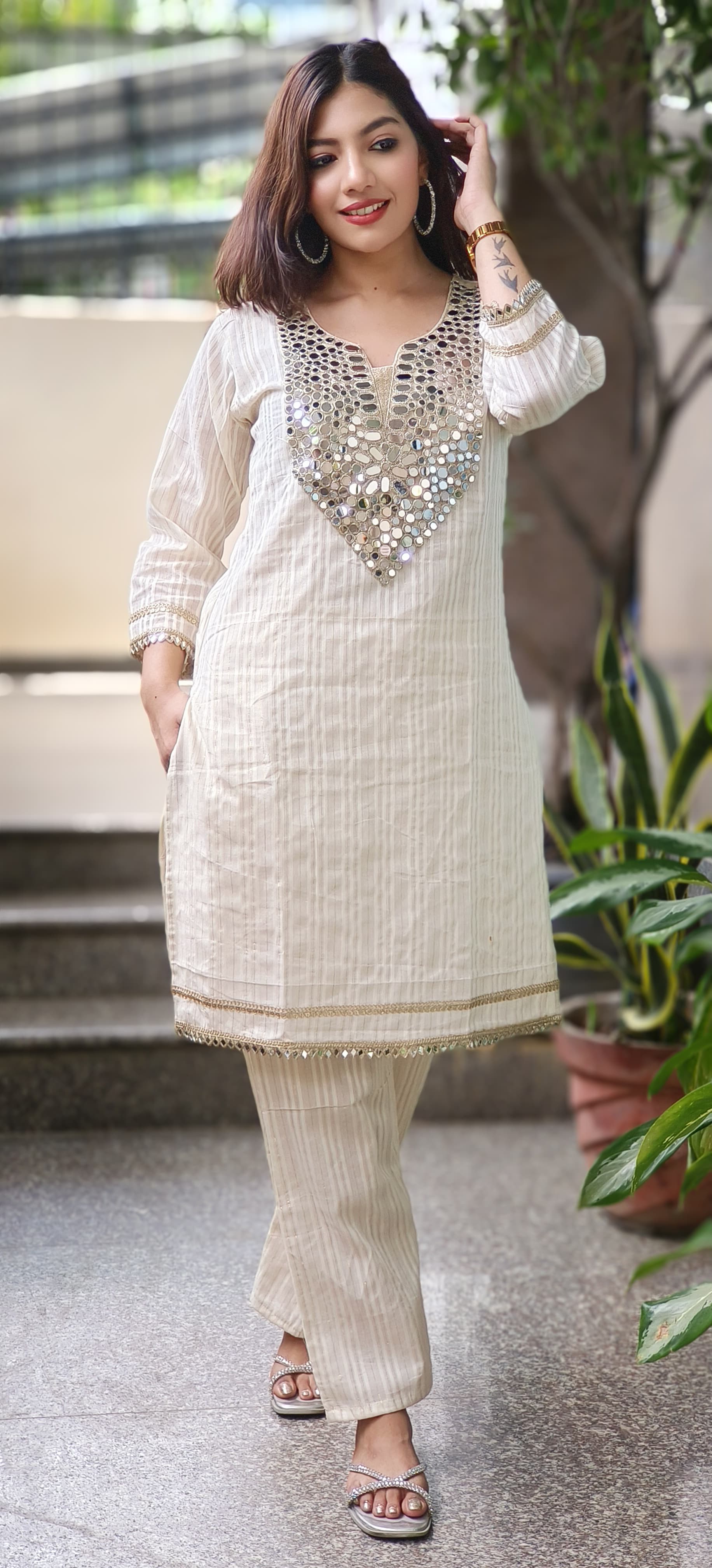 Real Mirror Front Work Cotton With lining Kurta With Bottom- 09962