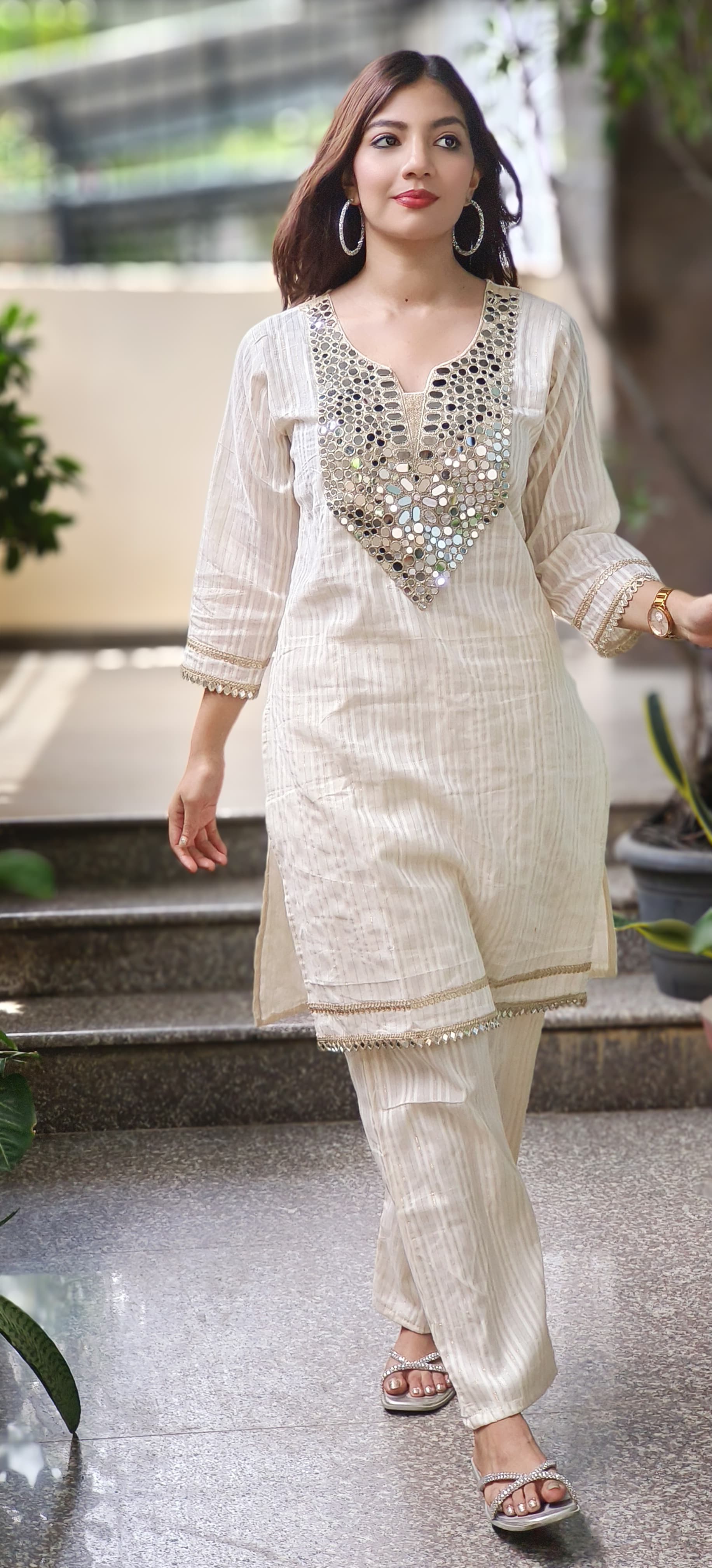 Real Mirror Front Work Cotton With lining Kurta With Bottom- 09962