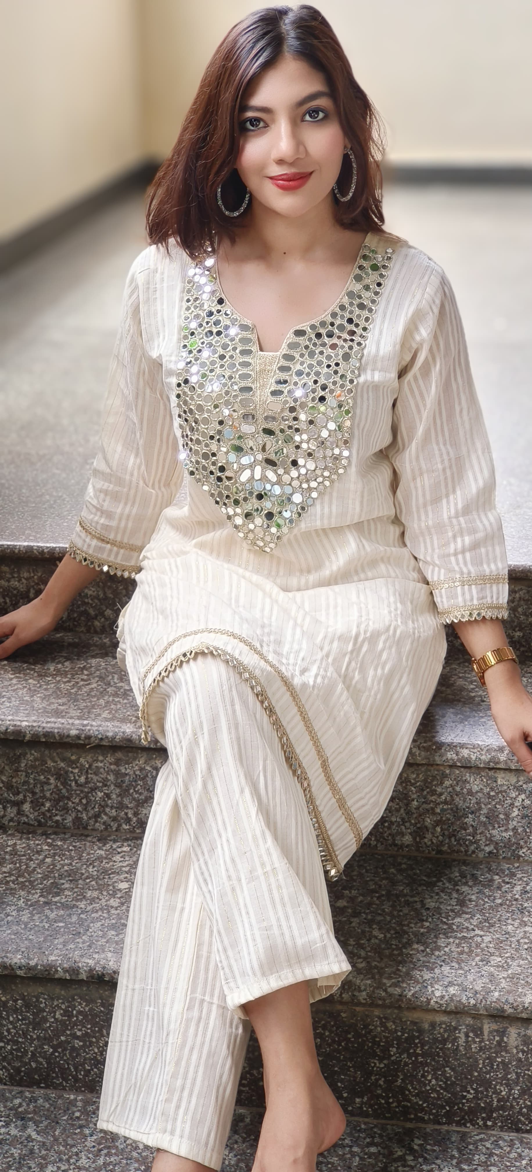 Real Mirror Front Work Cotton With lining Kurta With Bottom- 09962