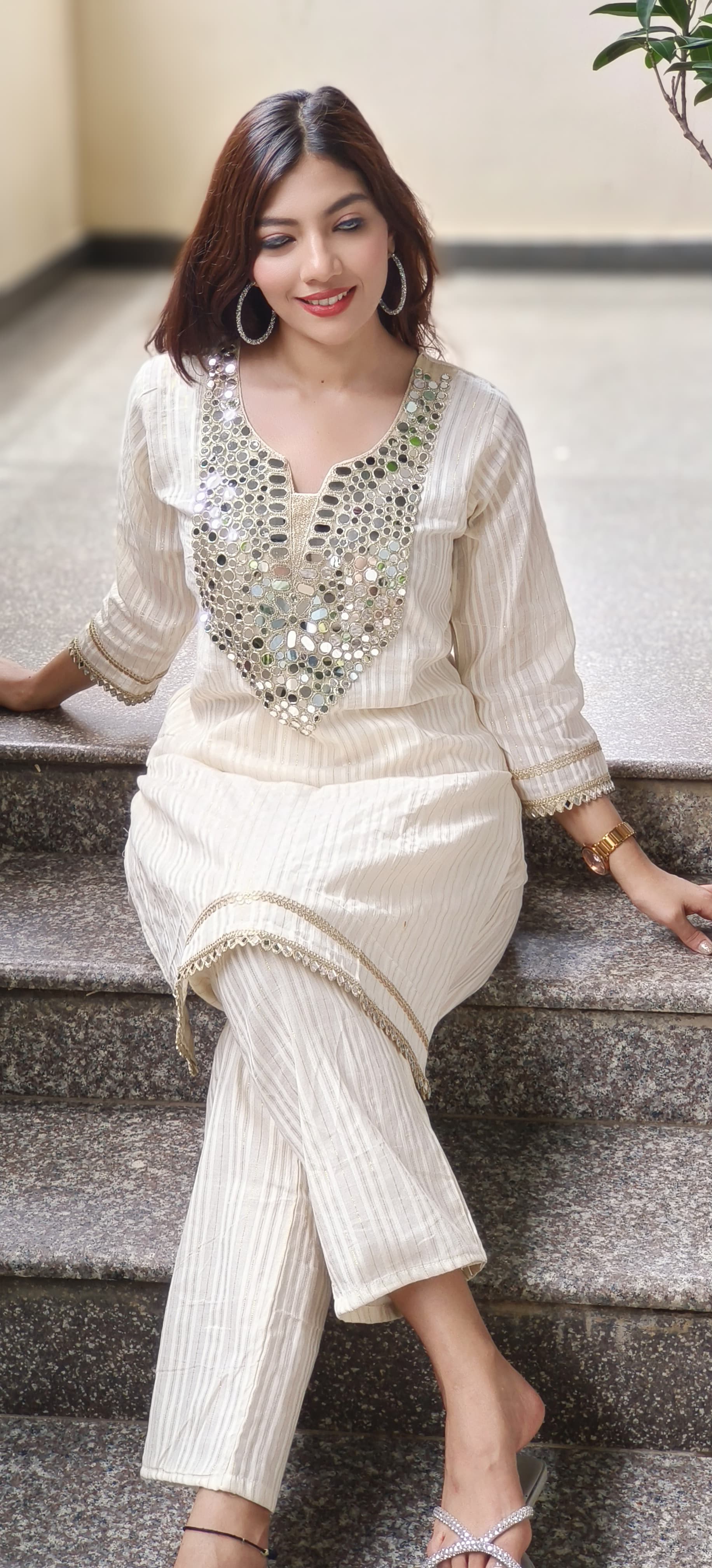 Real Mirror Front Work Cotton With lining Kurta With Bottom- 09962
