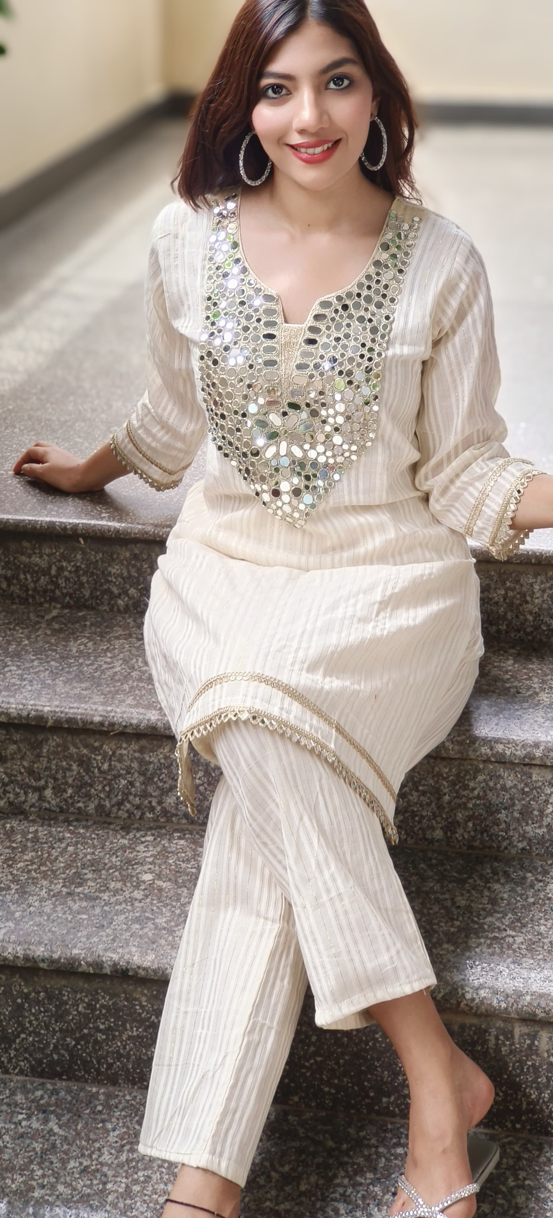 Real Mirror Front Work Cotton With lining Kurta With Bottom- 09962