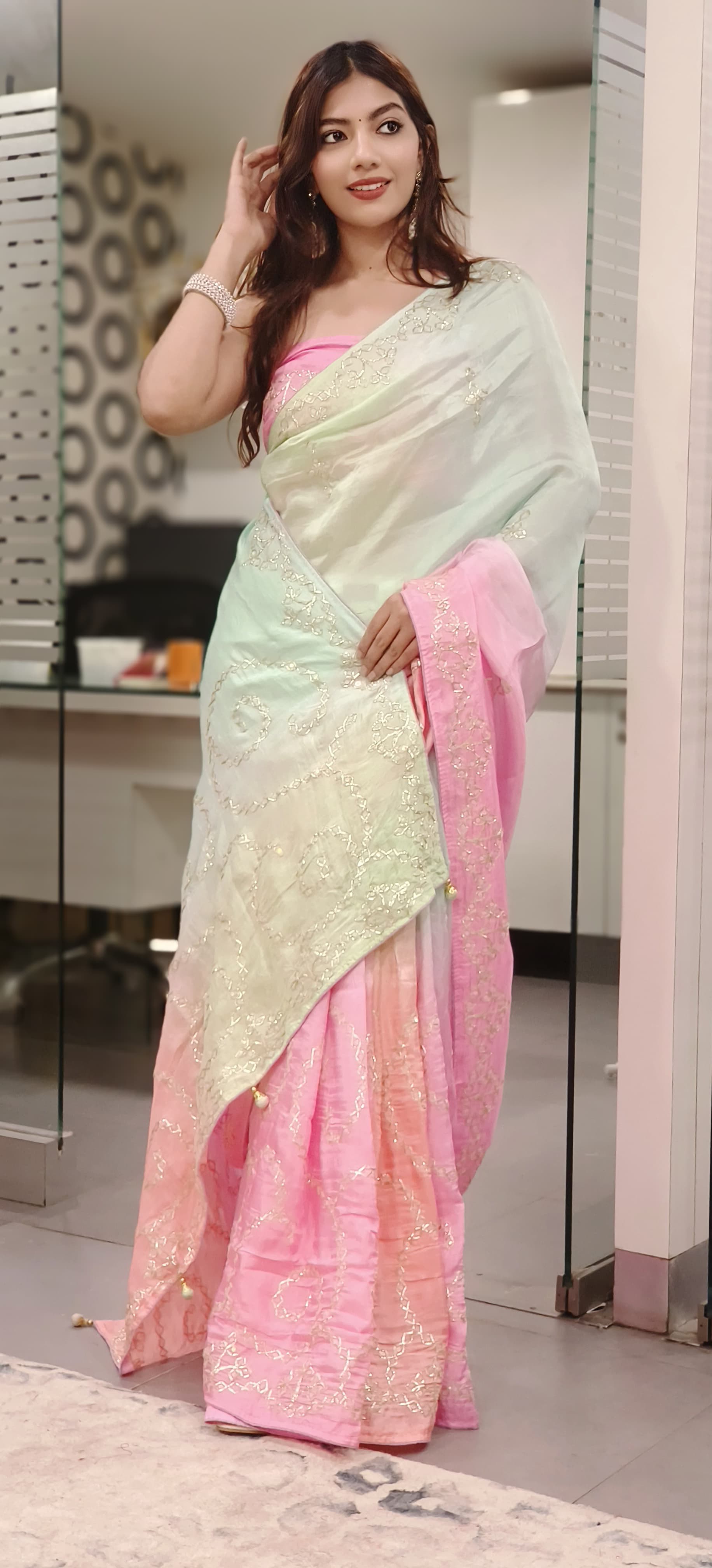 Dual Color Silver Lace Gotta Patti Work Silk Saree (Unstitched Blouse)