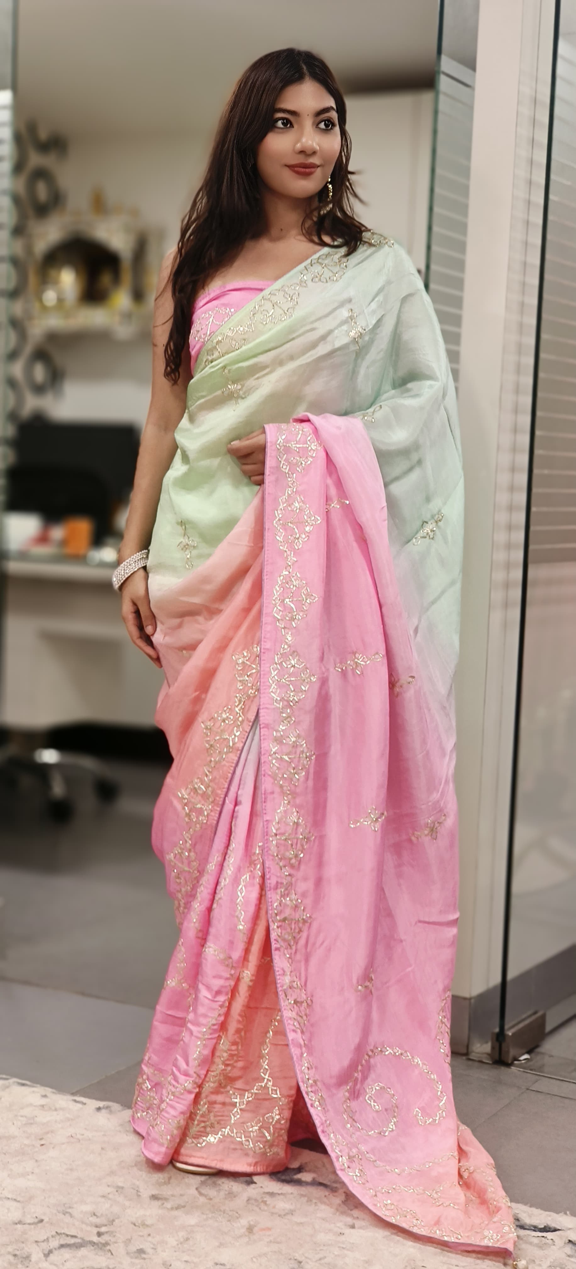 Dual Color Silver Lace Gotta Patti Work Silk Saree (Unstitched Blouse)