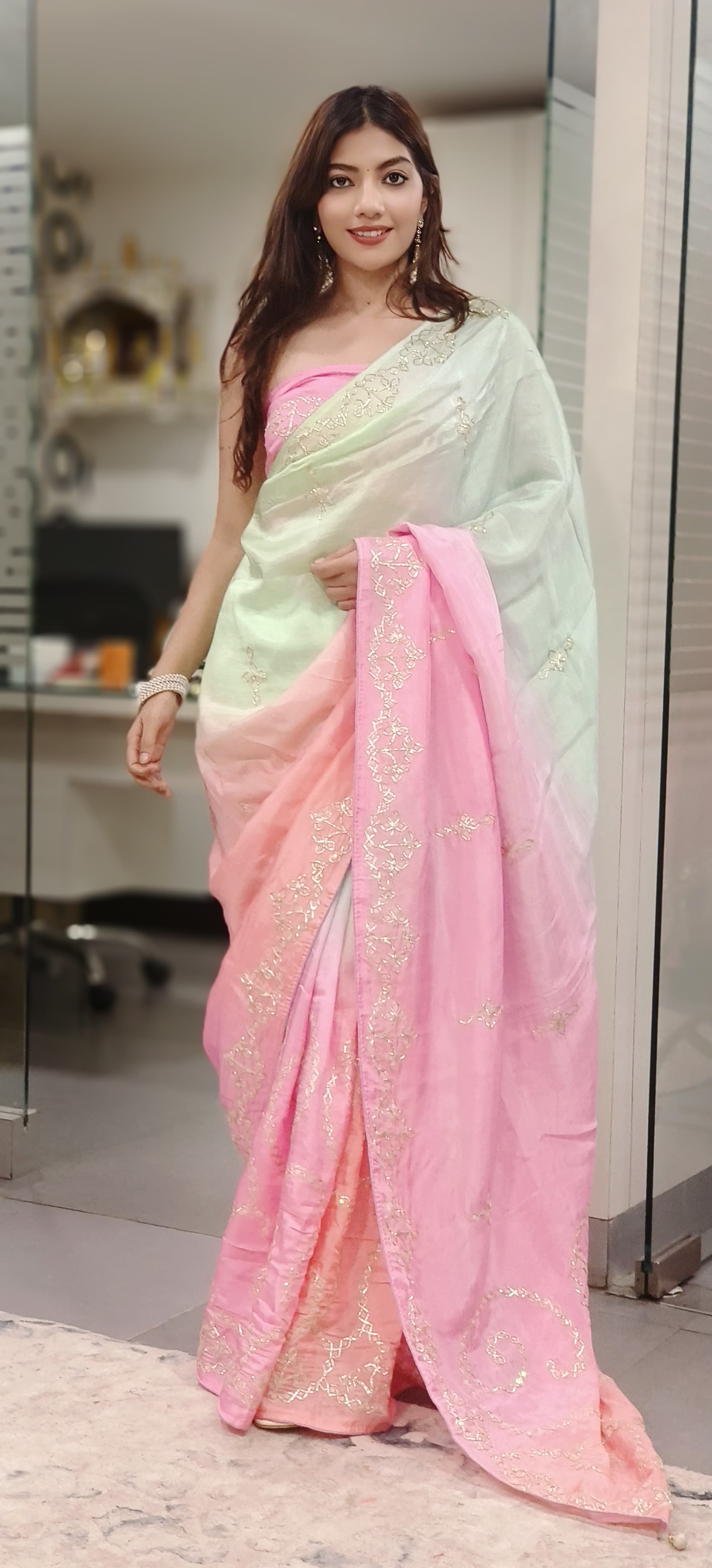 Dual Color Silver Lace Gotta Patti Work Silk Saree (Unstitched Blouse)