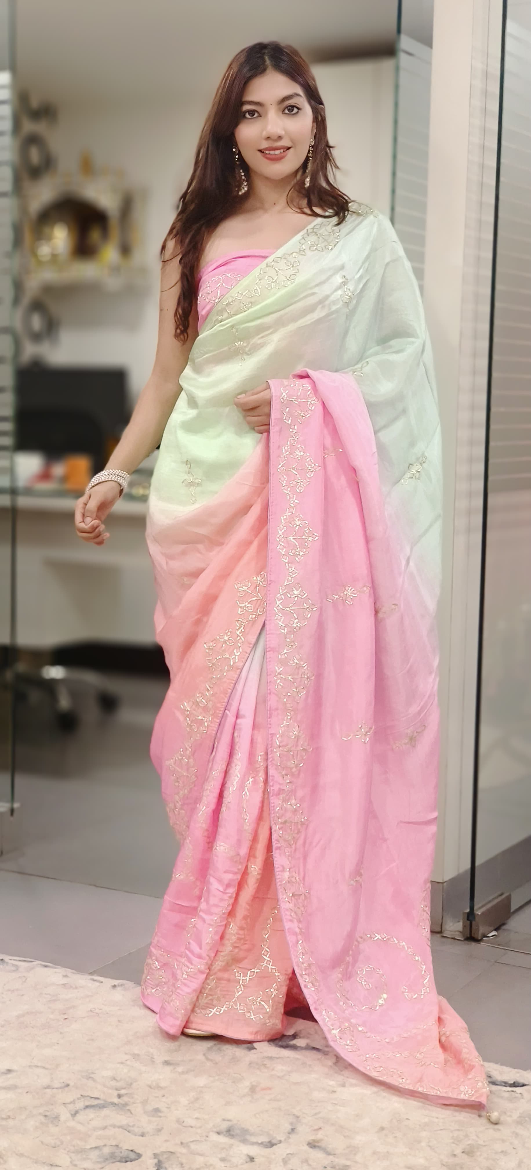 Dual Color Silver Lace Gotta Patti Work Silk Saree (Unstitched Blouse)