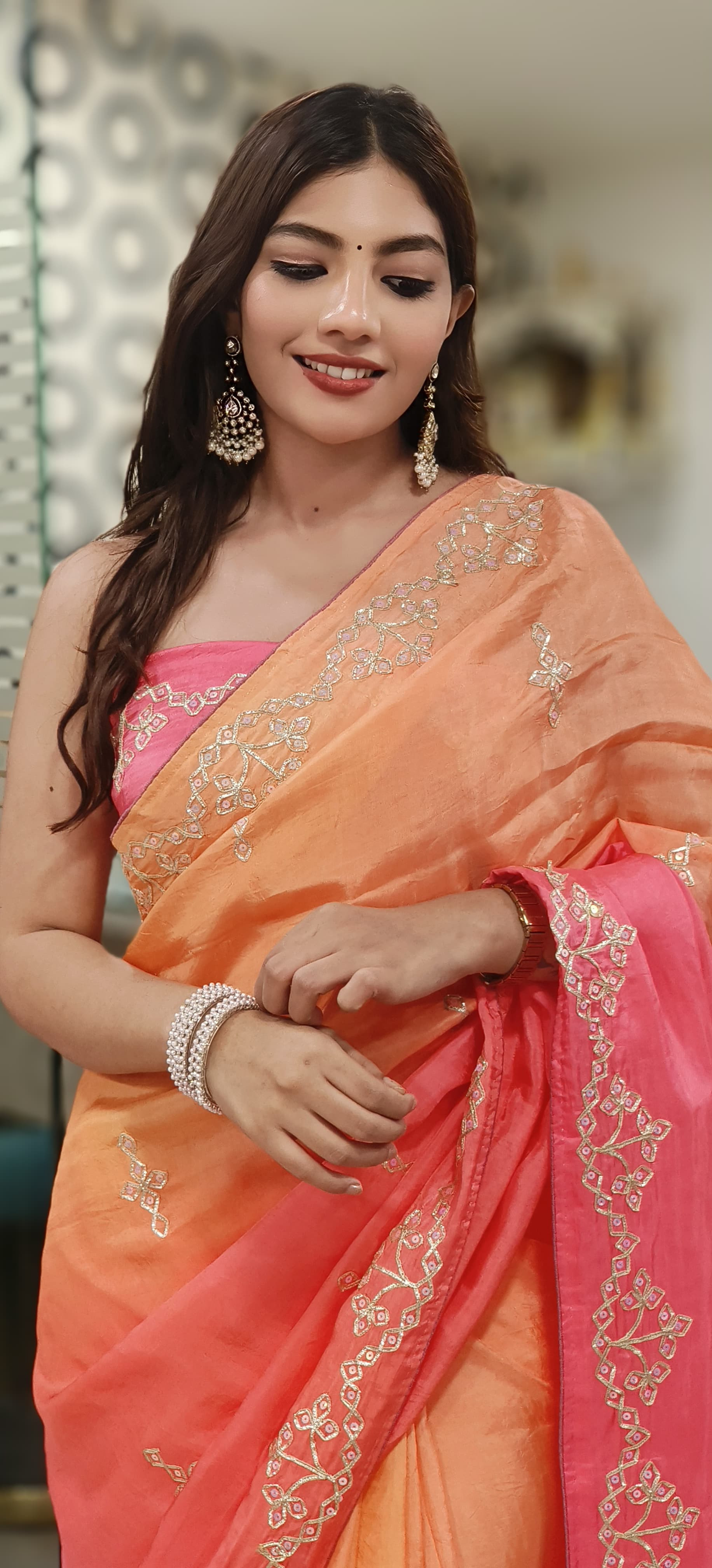 Dual Color Silver Lace Gotta Patti Work Silk Saree (Unstitched Blouse)