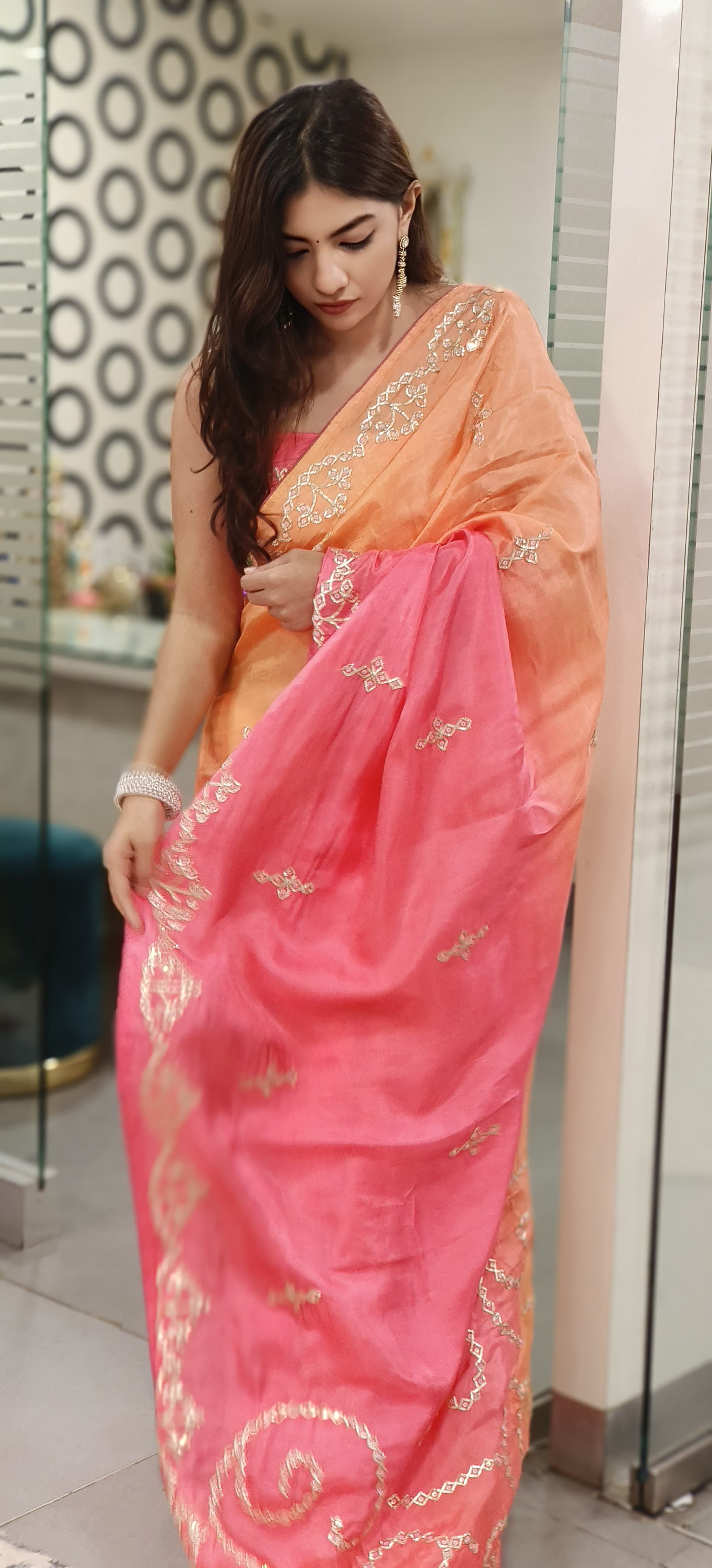 Dual Color Silver Lace Gotta Patti Work Silk Saree (Unstitched Blouse)