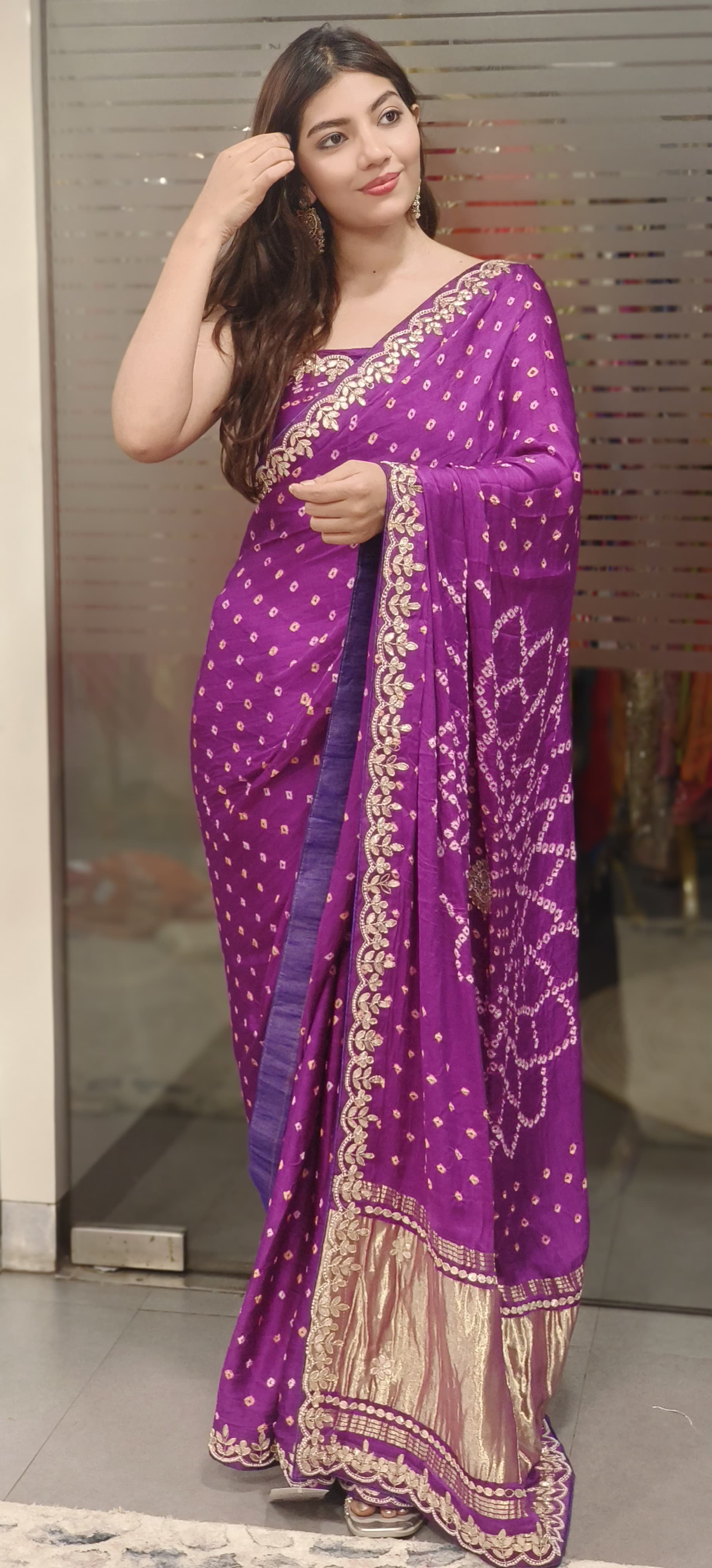 Tiny Pearl Handwork Border Bandhani Saree In Silk Fabric (Unstitched Blouse)