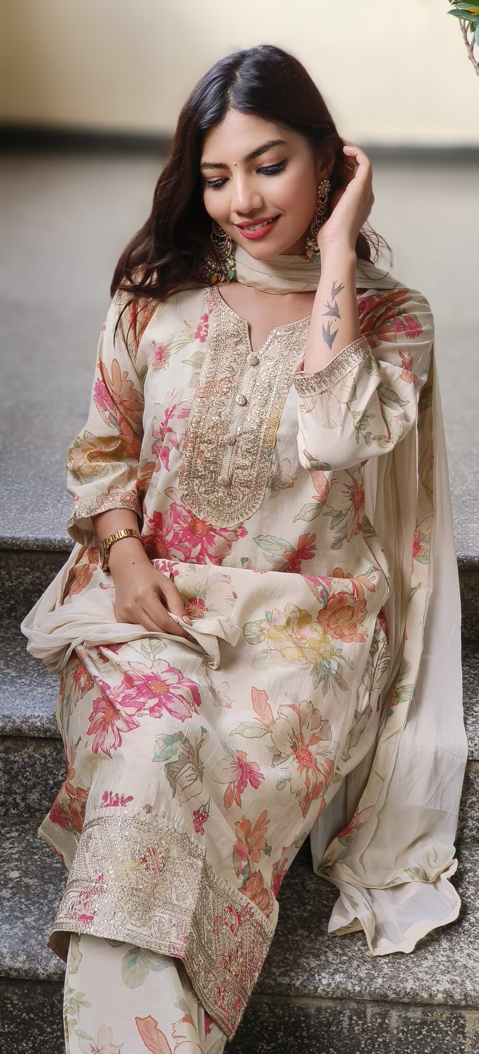 Ready To Wear Floral Printed Full Suit Set In Modal Muslin Fabric- 10147, 10148 & 10149