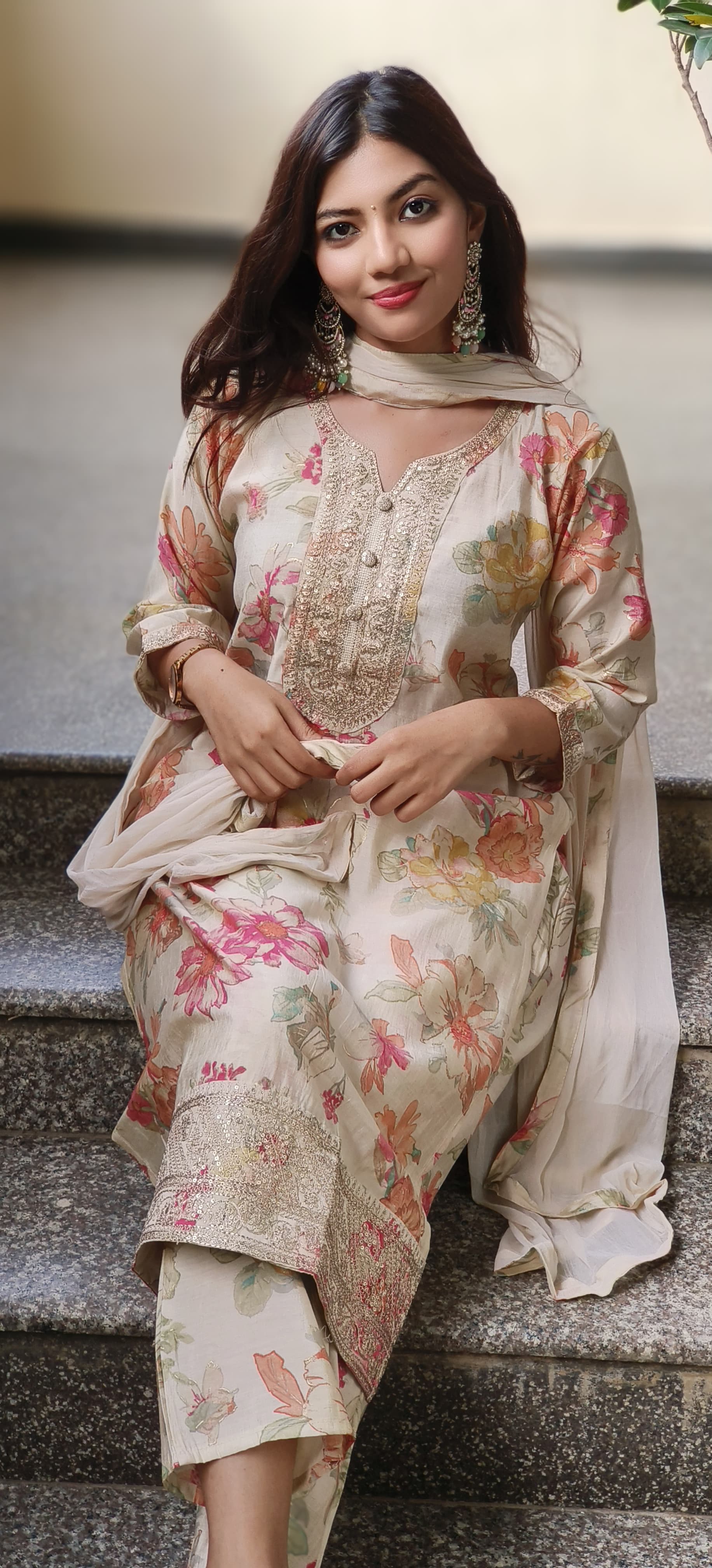 Ready To Wear Floral Printed Full Suit Set In Modal Muslin Fabric- 10147, 10148 & 10149