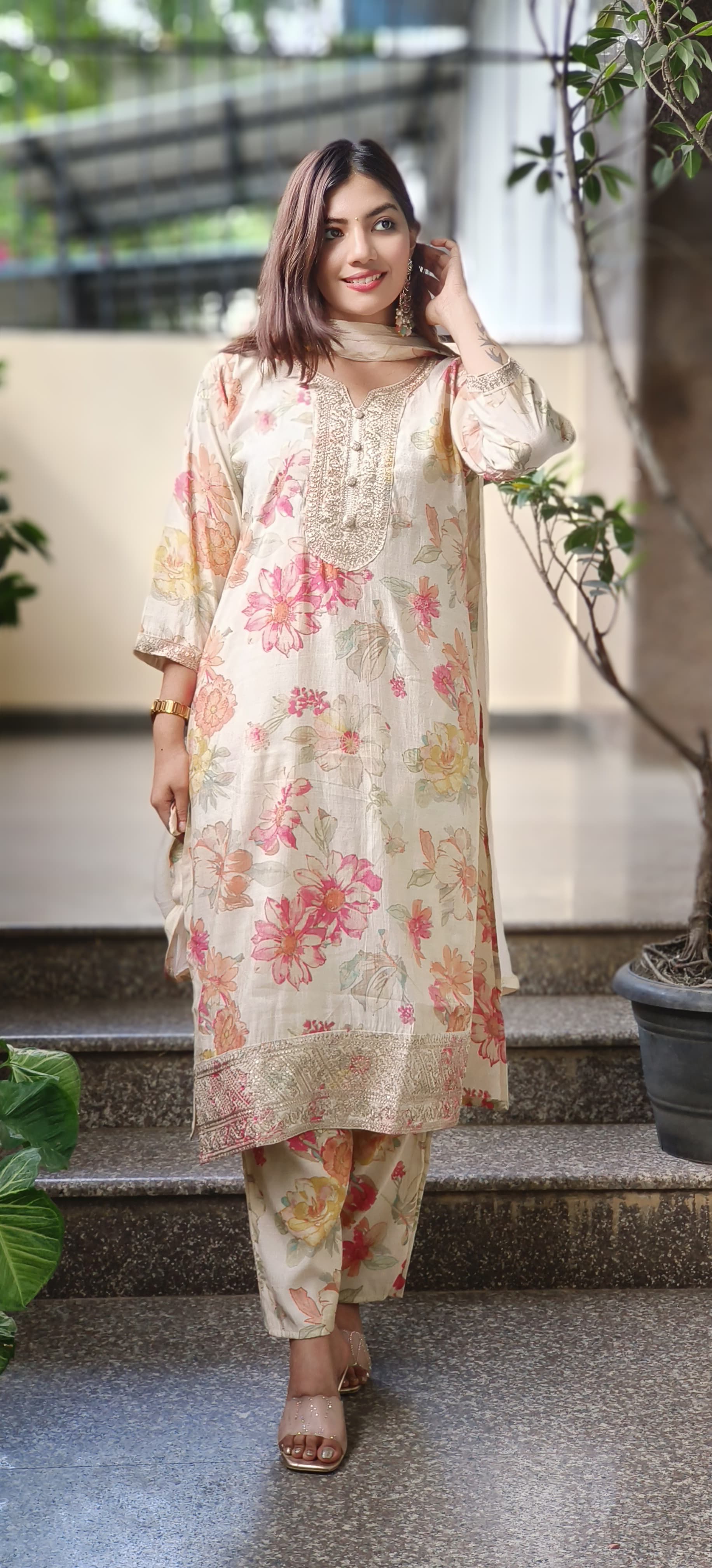Ready To Wear Floral Printed Full Suit Set In Modal Muslin Fabric- 10147, 10148 & 10149