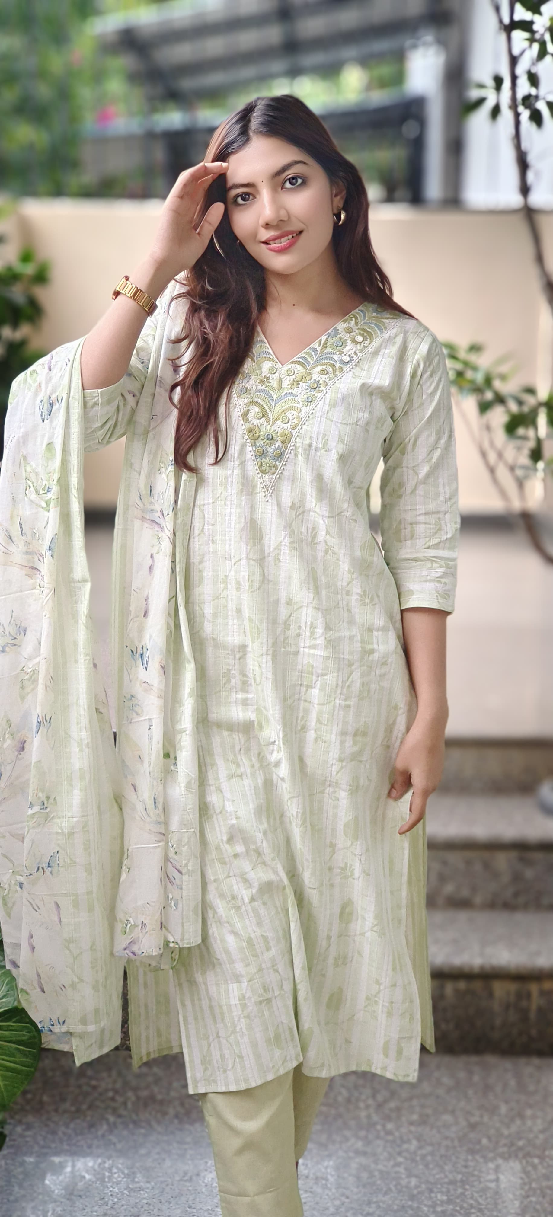 Thread Embroidered V-Neck Daily Wear Full Suit Set In Cotton Fabric- 09688