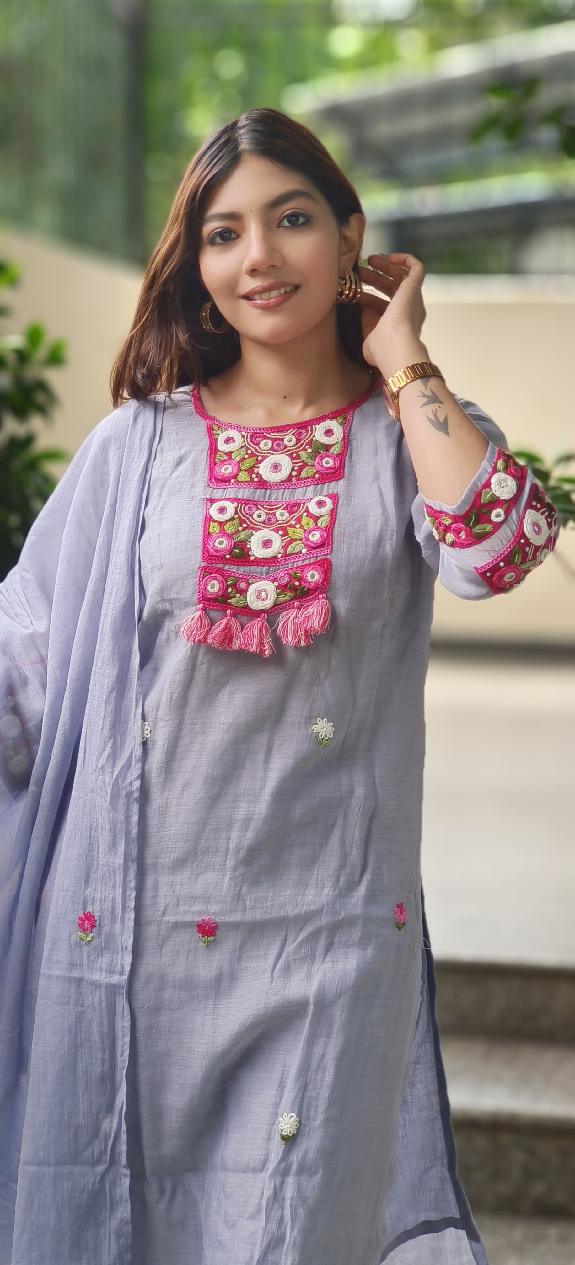 Mul Chanderi Coiled Thread Work Straight Full Suit Set With Dupatta