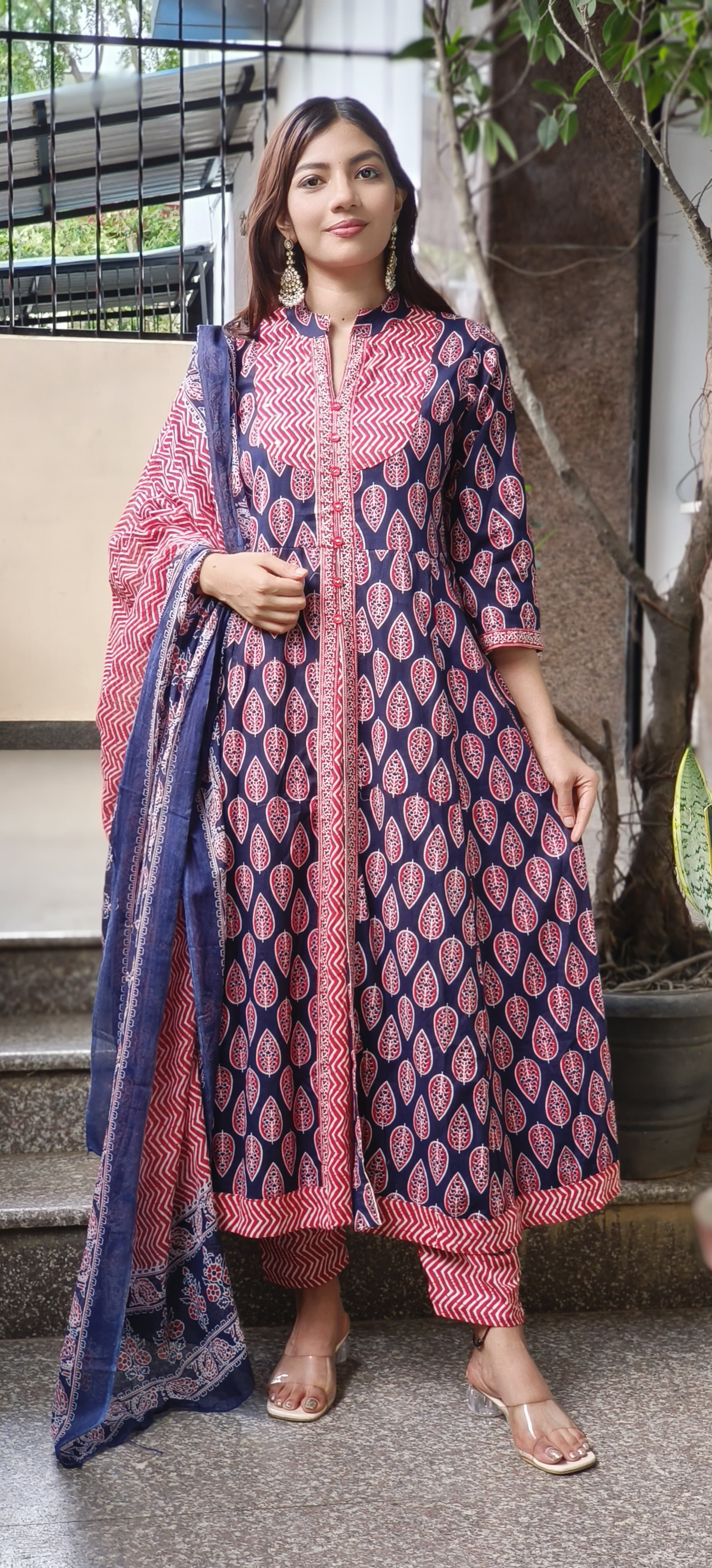 Bright Color Cotton Fabric Aline Full Suit Set With Dupatta