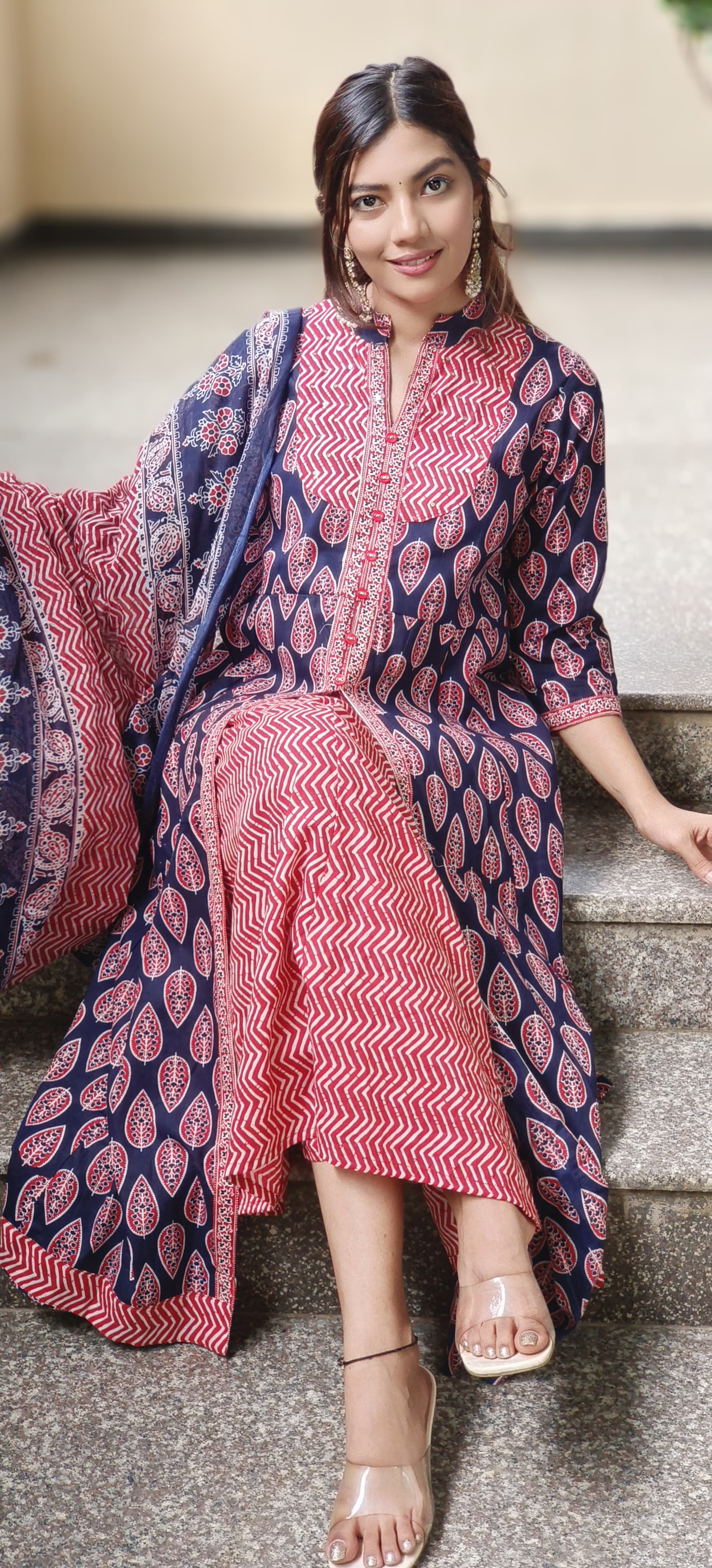 Bright Color Cotton Fabric Aline Full Suit Set With Dupatta