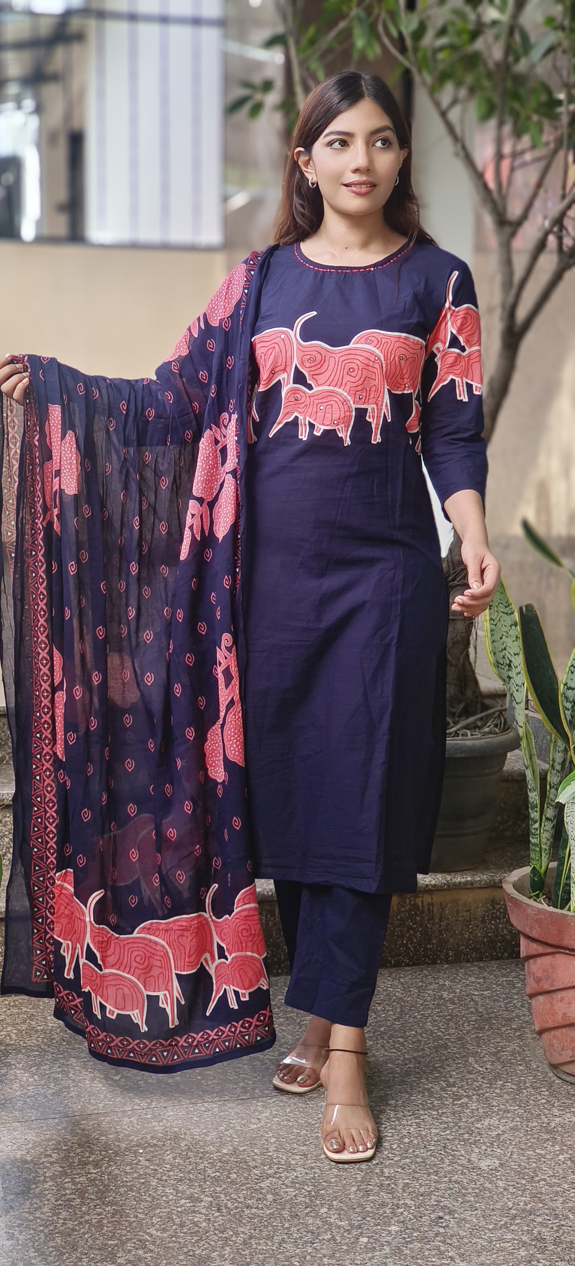 Mini Elephants Print Full Suit Set With Dupatta In Cotton Fabric LEAN FIT