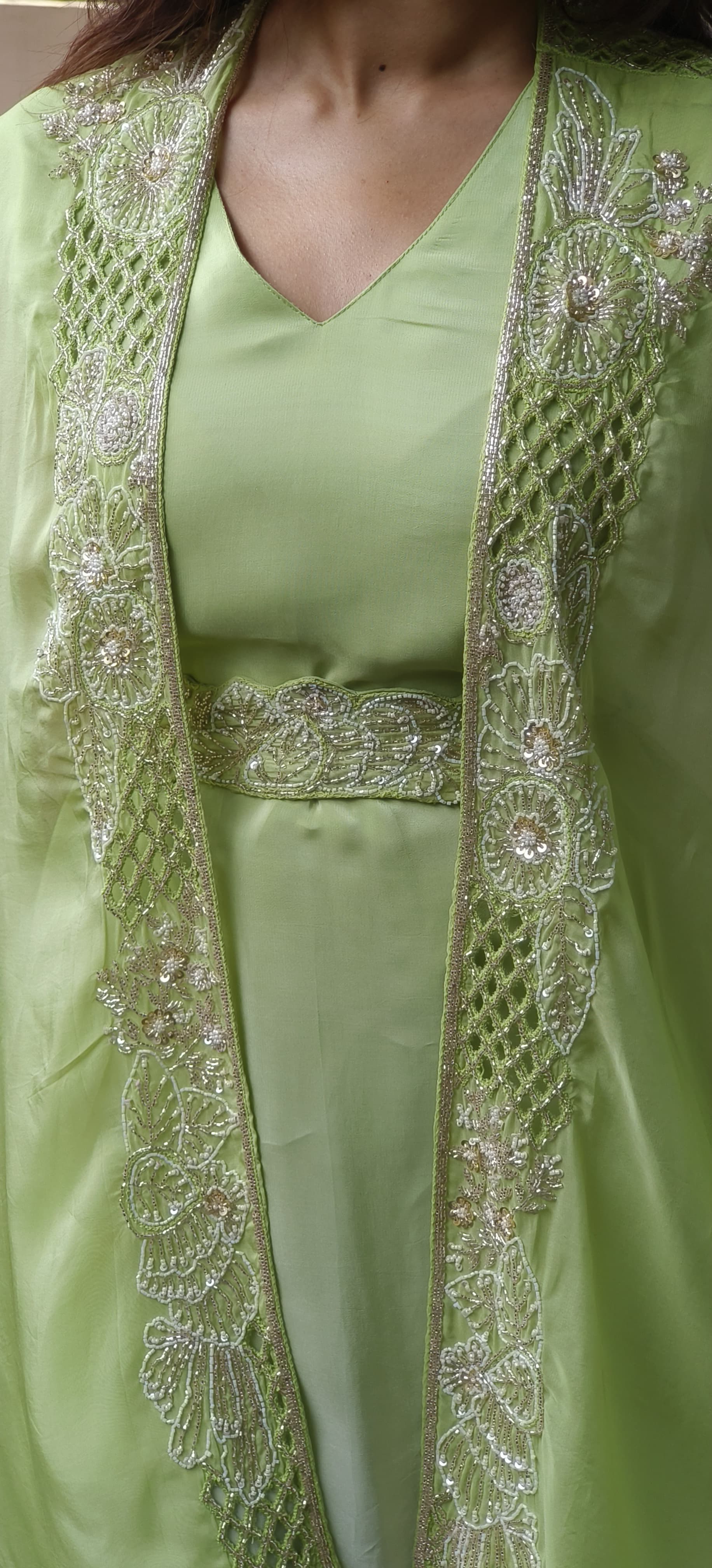 Embroidered Handwork Crepe Top With Palazzo & Shrug