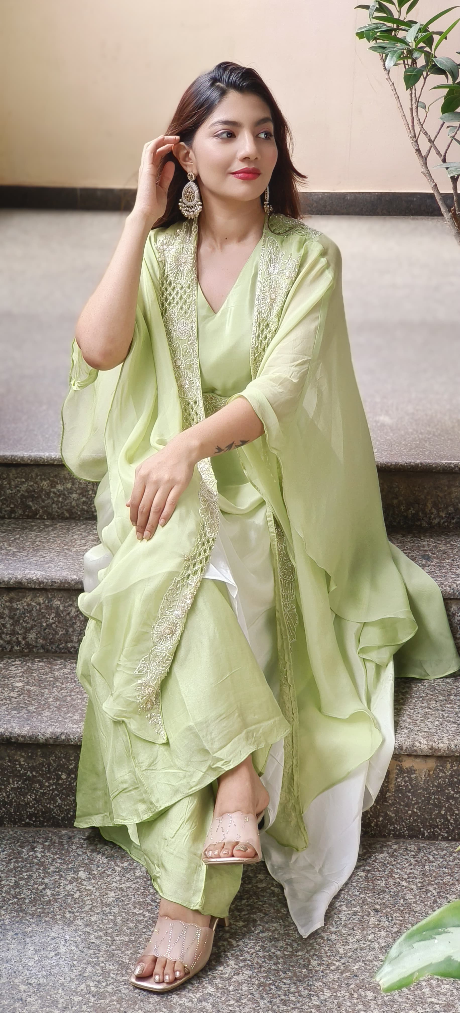 Embroidered Handwork Crepe Top With Palazzo & Shrug
