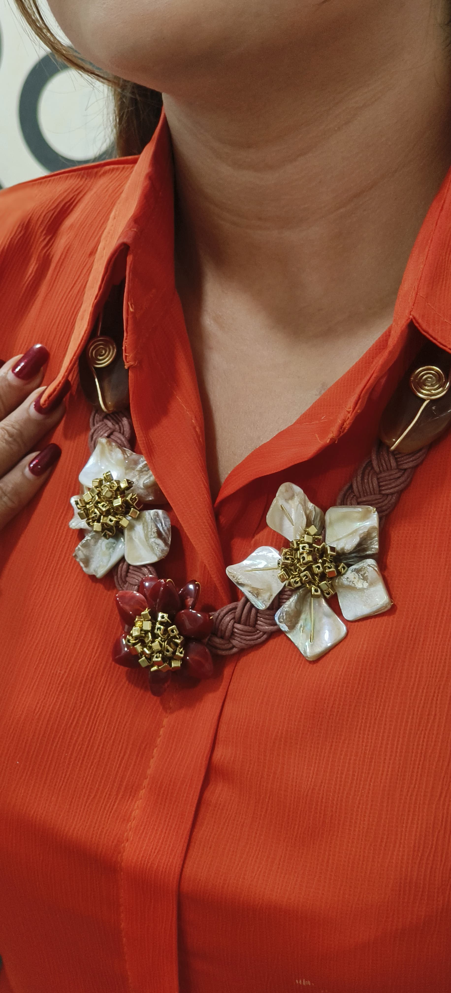 Handcrafted Floral Gemstone Statement Necklace Set with Shell & Resin Accents
