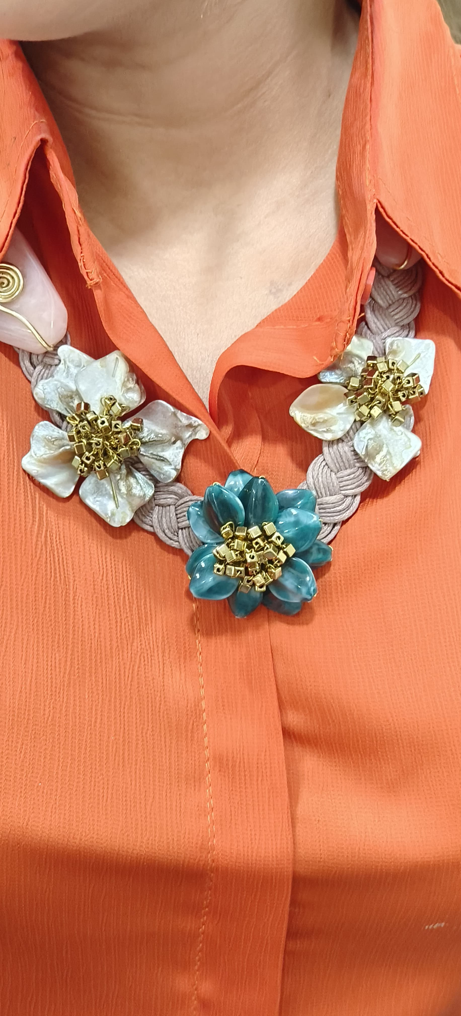 Handcrafted Floral Gemstone Statement Necklace Set with Shell & Resin Accents