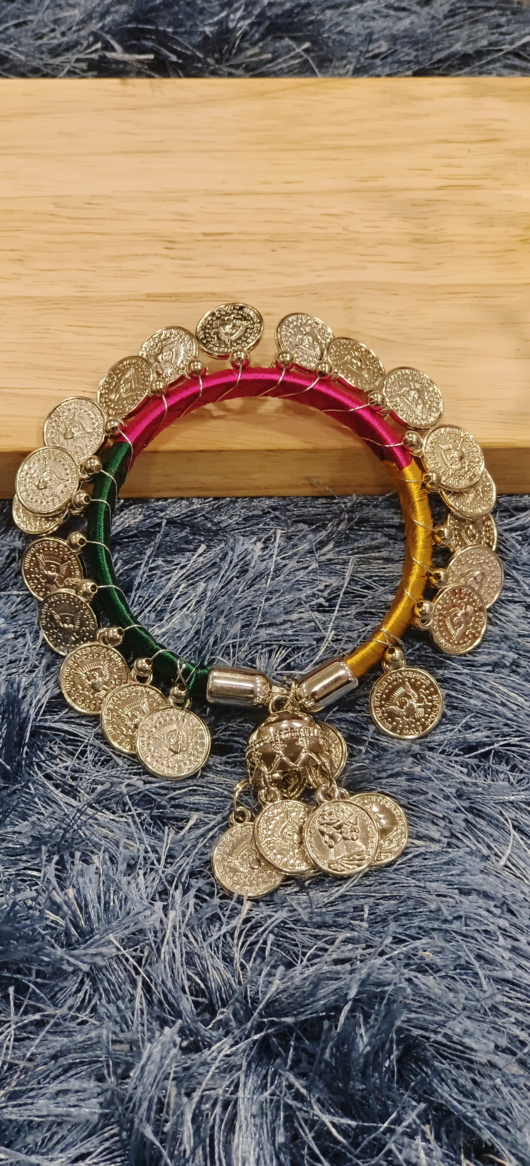 Multicolor Thread-Wrapped Coin Charm Kada with Antique Silver Ghungroo Detailing