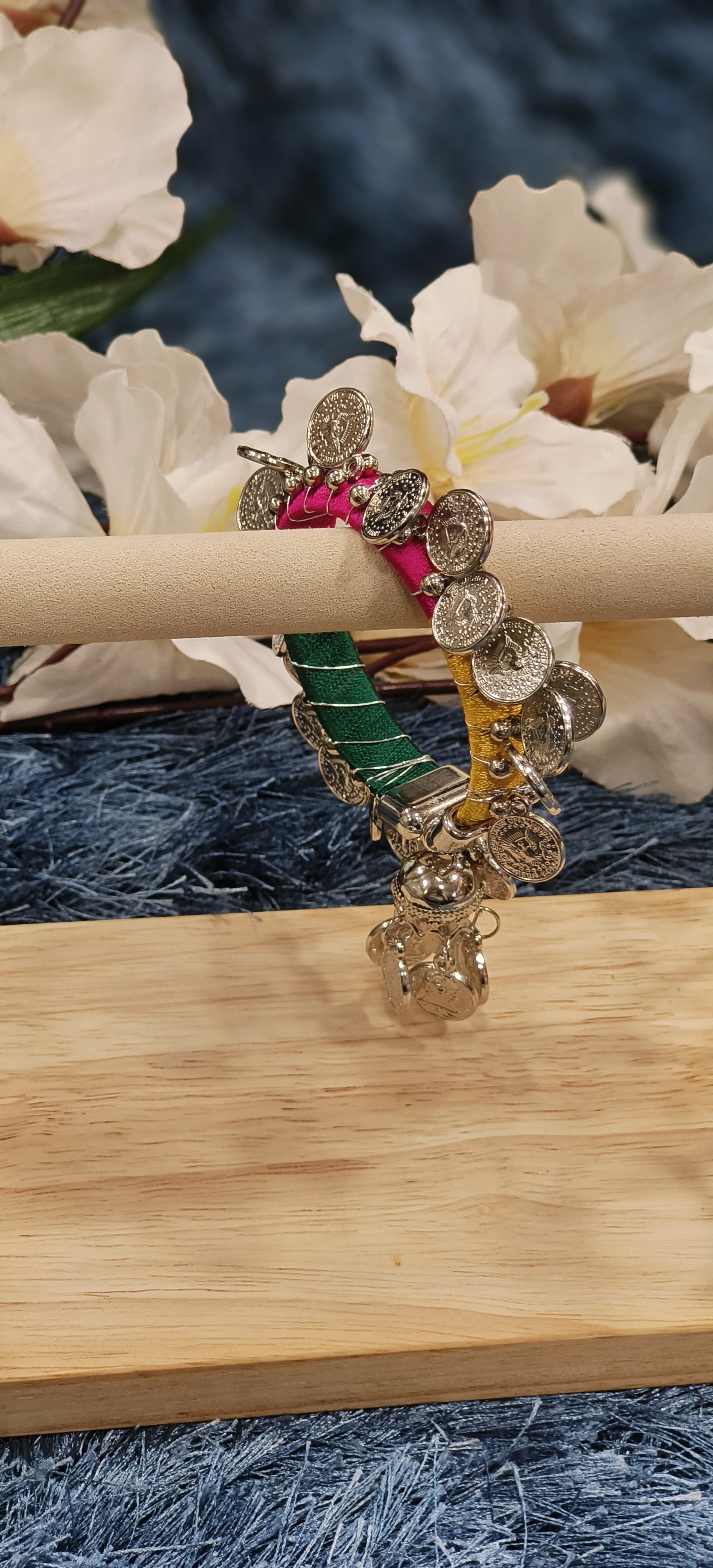 Multicolor Thread-Wrapped Coin Charm Kada with Antique Silver Ghungroo Detailing