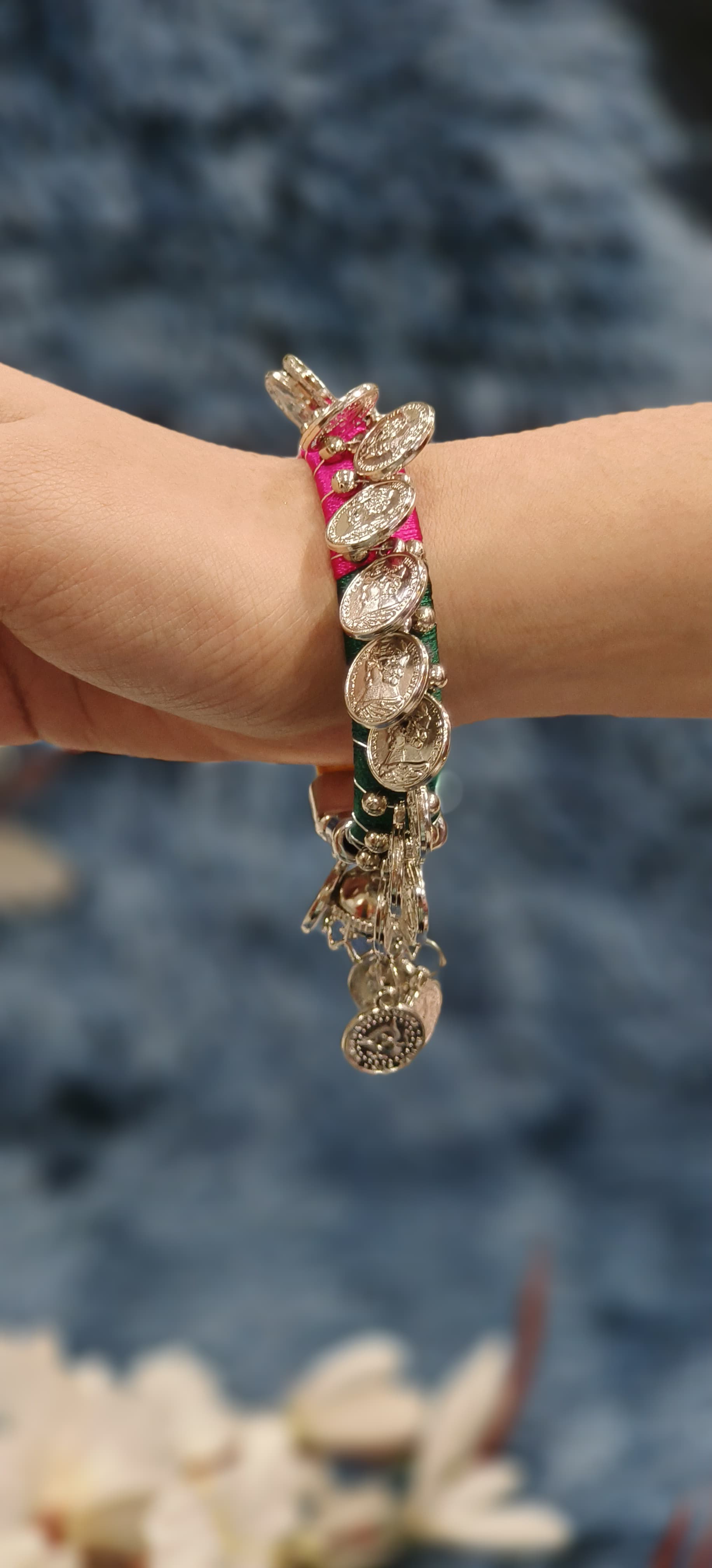 Multicolor Thread-Wrapped Coin Charm Kada with Antique Silver Ghungroo Detailing