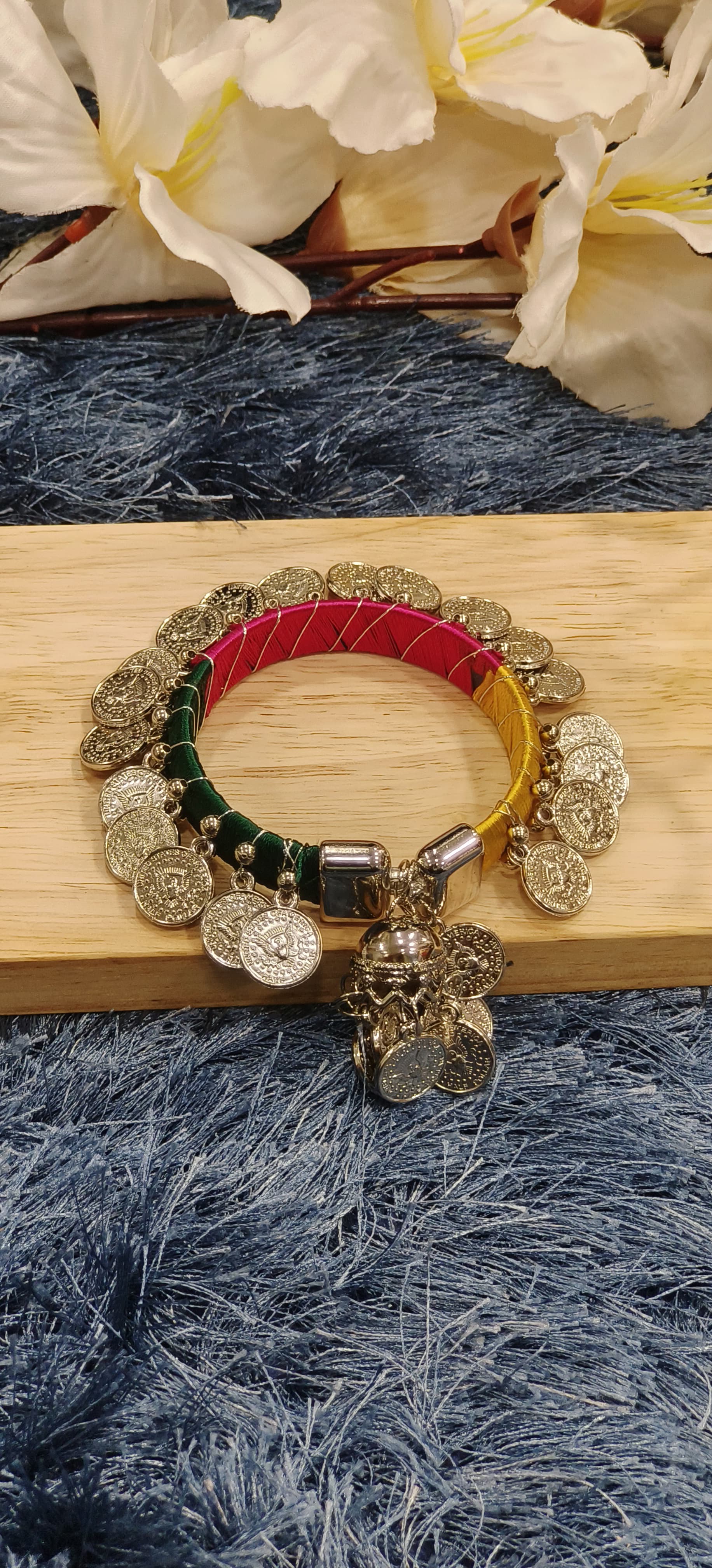 Multicolor Thread-Wrapped Coin Charm Kada with Antique Silver Ghungroo Detailing