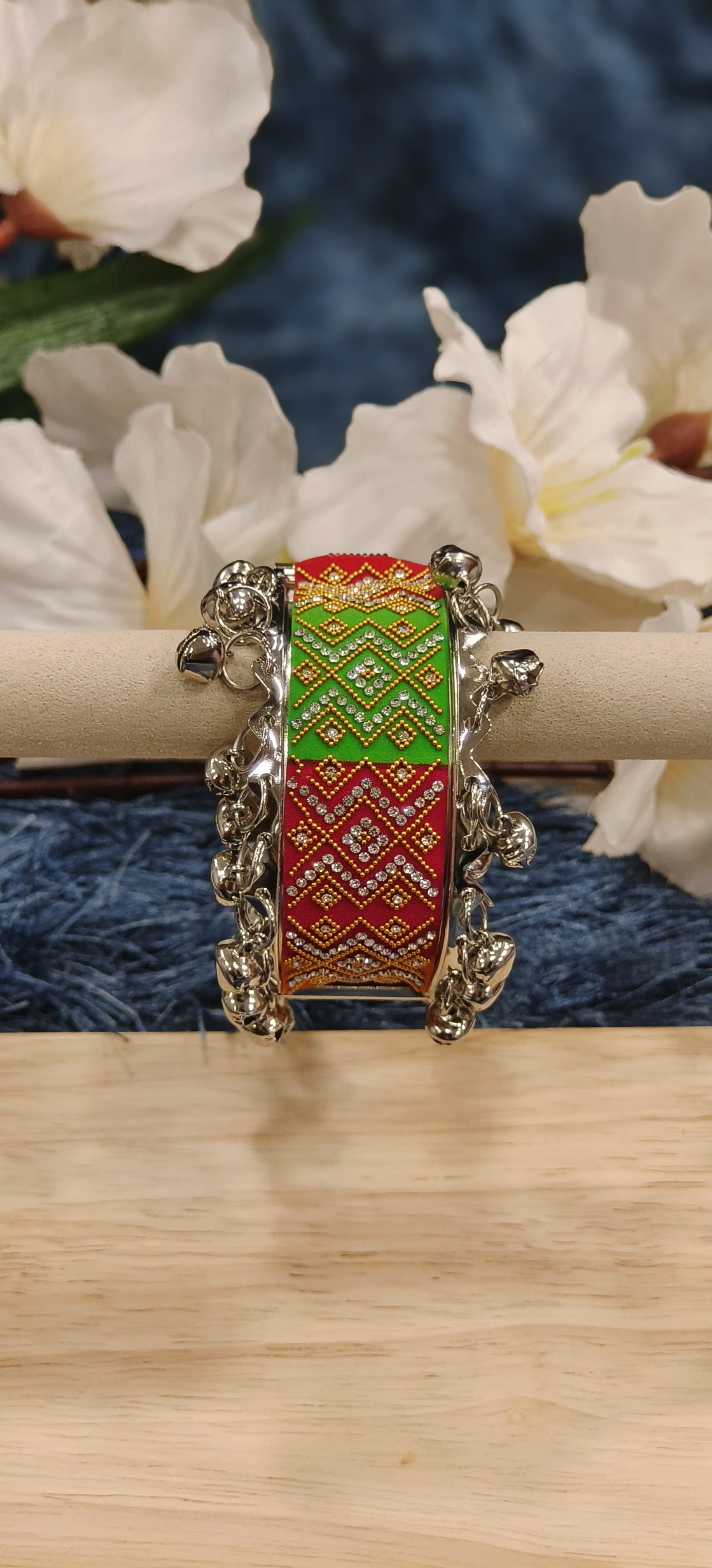 Mirror Work Tribal Kada Bracelet with Colorful Thread Embroidery & Metal Ghungroo Charms
