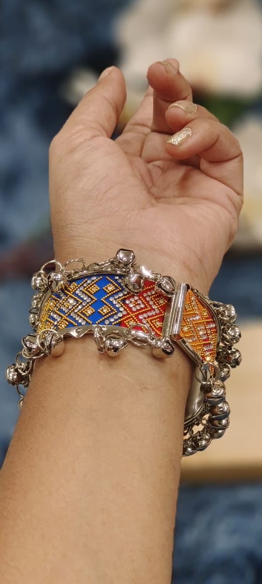 Mirror Work Tribal Kada Bracelet with Colorful Thread Embroidery & Metal Ghungroo Charms