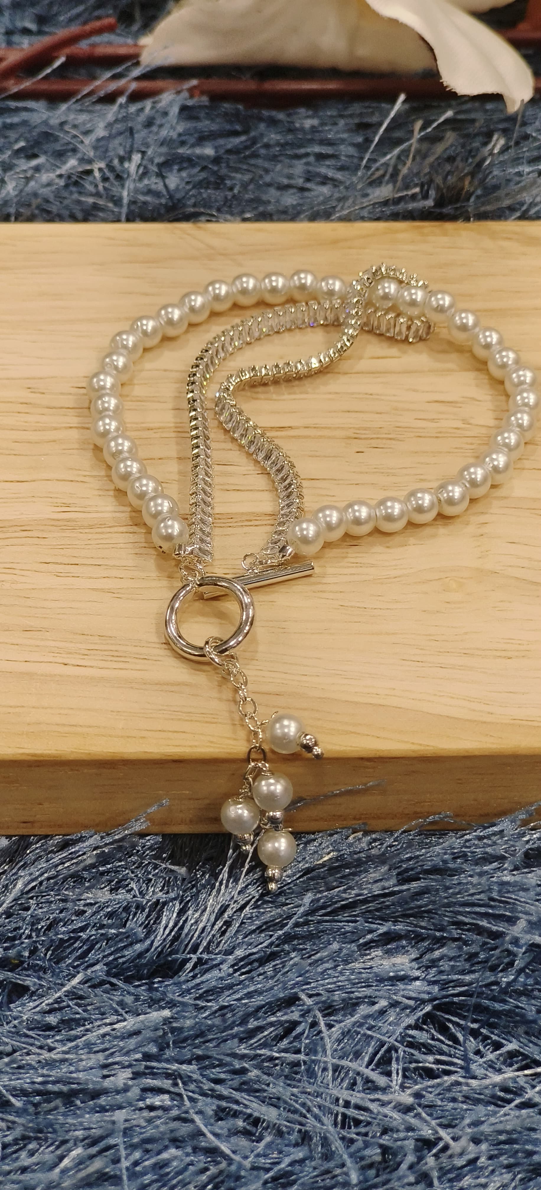 Dual Chain Pearl Bracelet with Toggle Clasp & Pearl Drop Charms