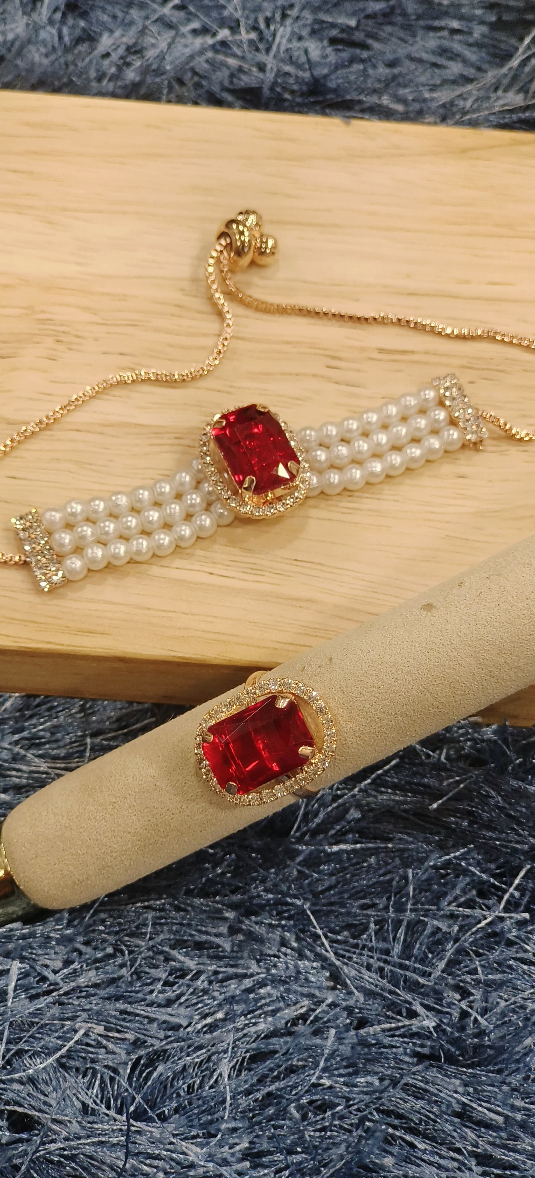 Stone Bracelet & Ring Set with Pearl Strands and CZ Accents