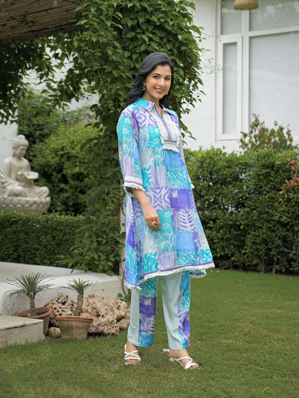 Boho Chic Glance Sky Shade A-Line Kurta Pant Set-10425