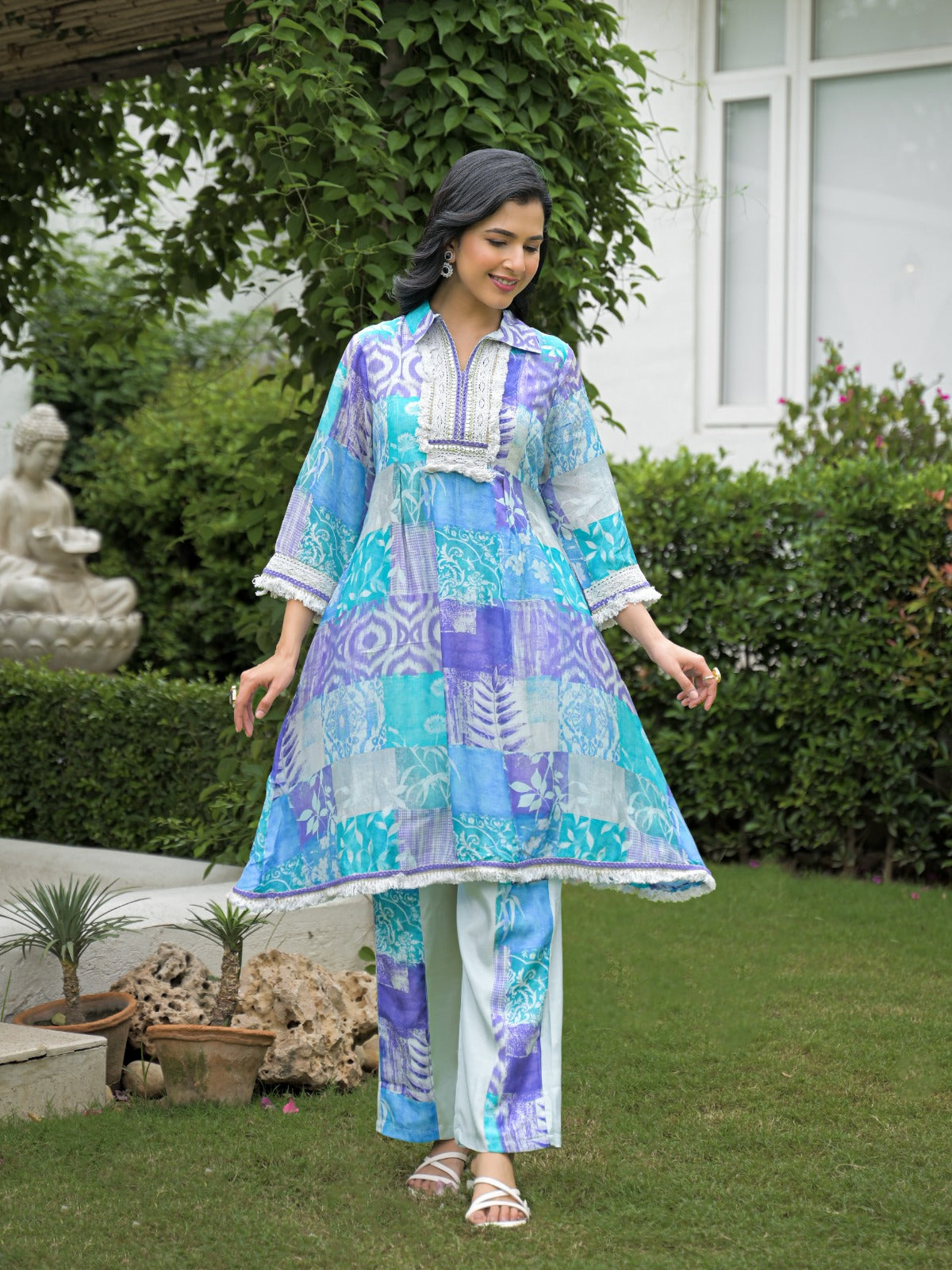 Boho Chic Glance Sky Shade A-Line Kurta Pant Set-10425
