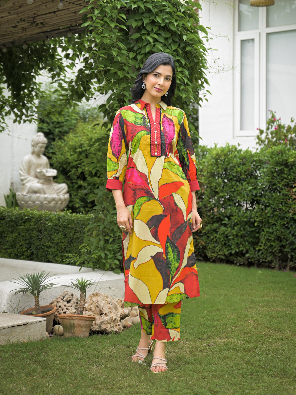 Multicolored Colored Peral Button Co-Ord Look Kurta Pant Set