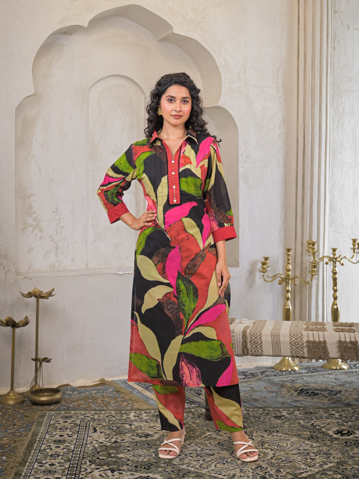 Multicolored Colored Peral Button Co-Ord Look Kurta Pant Set