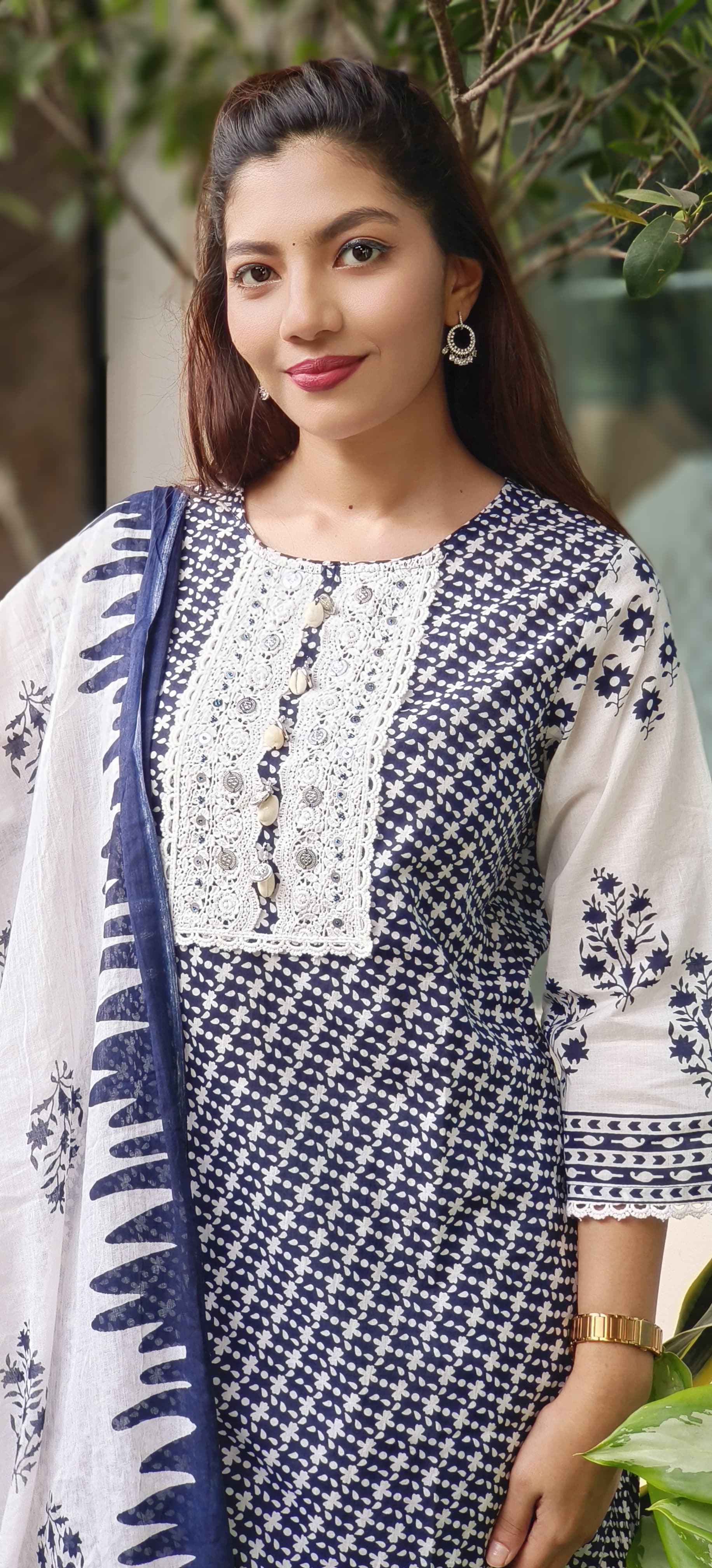 Crosia Lace Work Floral Touch Full Suit Set With Dupatta In Cotton Fabric-10414