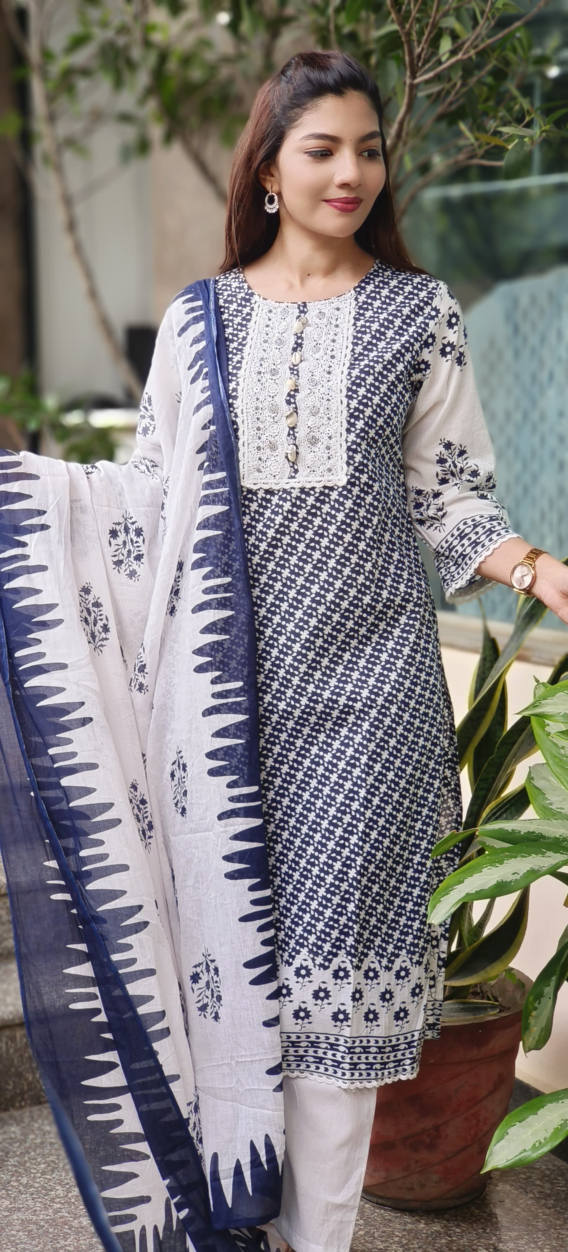 Crosia Lace Work Floral Touch Full Suit Set With Dupatta In Cotton Fabric-10414