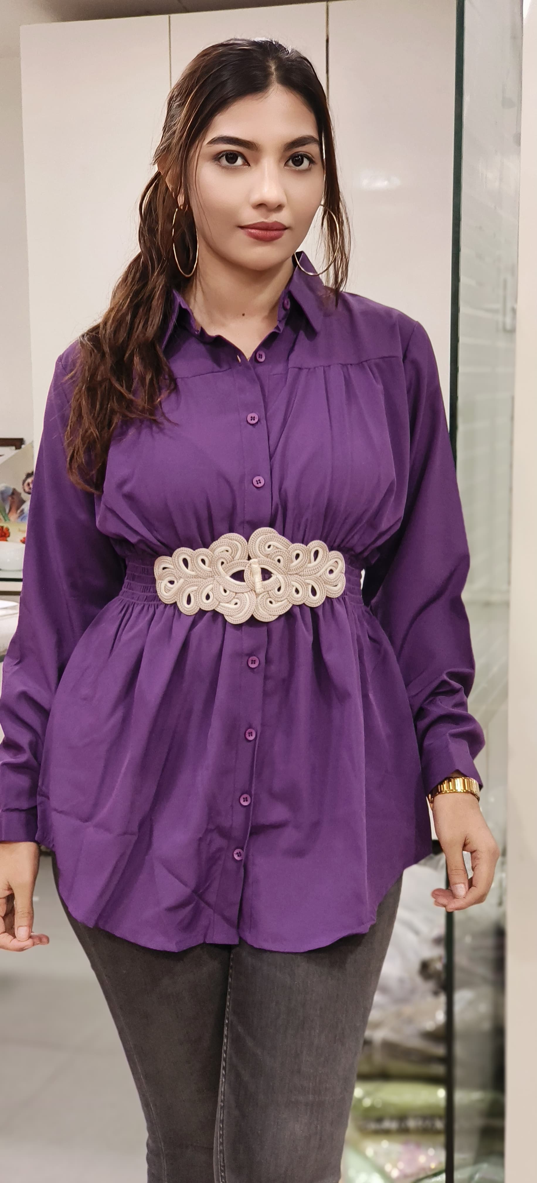 Solid Collared Shirts With Middle Belt