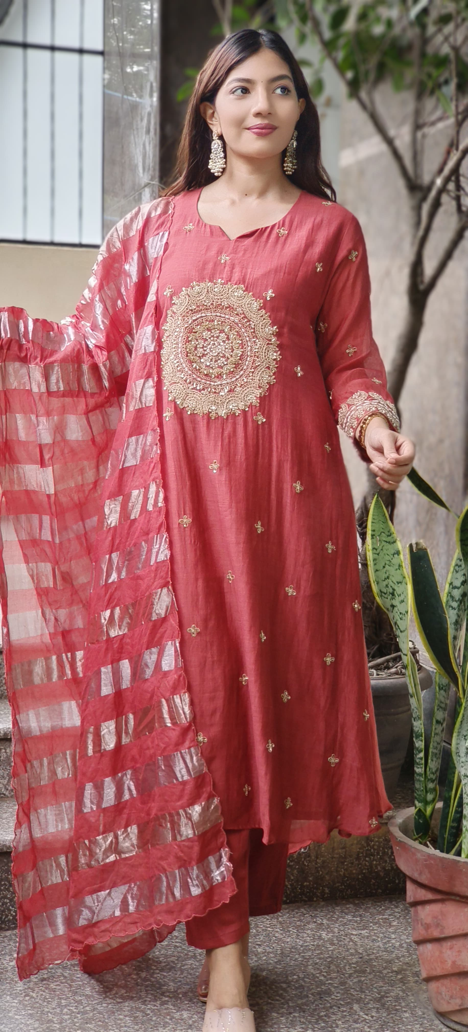 Beautiful Heavy Handwork A-Line Kurta With Bottom In Pure Mul-Chanderi Fabric & Tissue Dupatta
