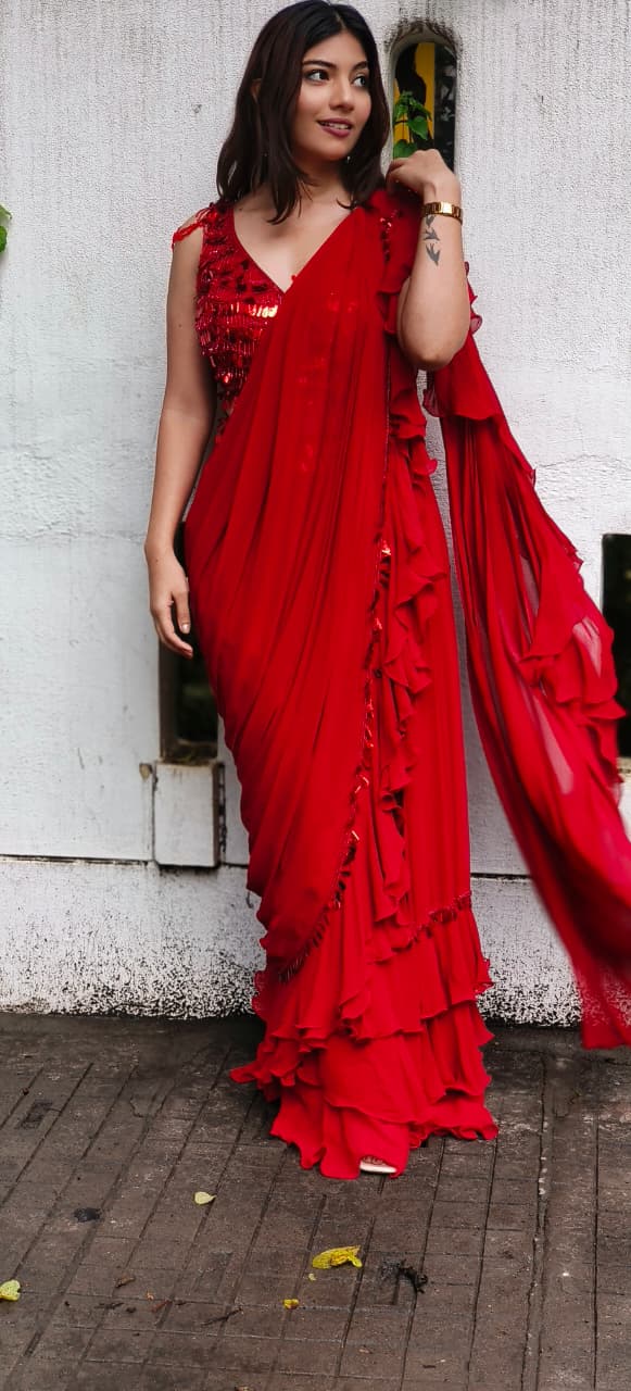 Hot Red Sequenced Handwork Crystal Hang Drape Ruffled Saree